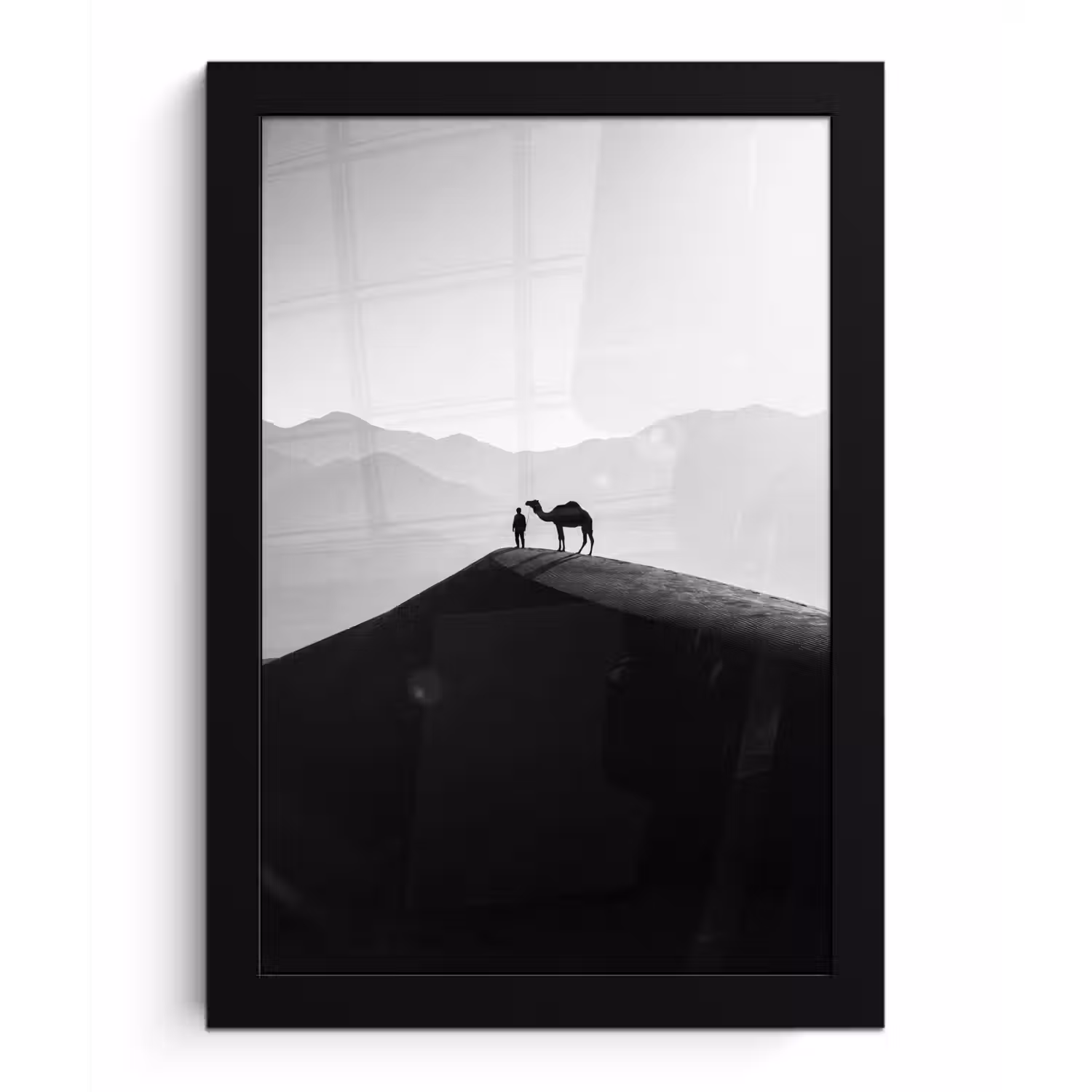Mens - Kameel - Zandduin - Natuur - Monochroom fotolijst zwart zonder passe partout klein -3d
