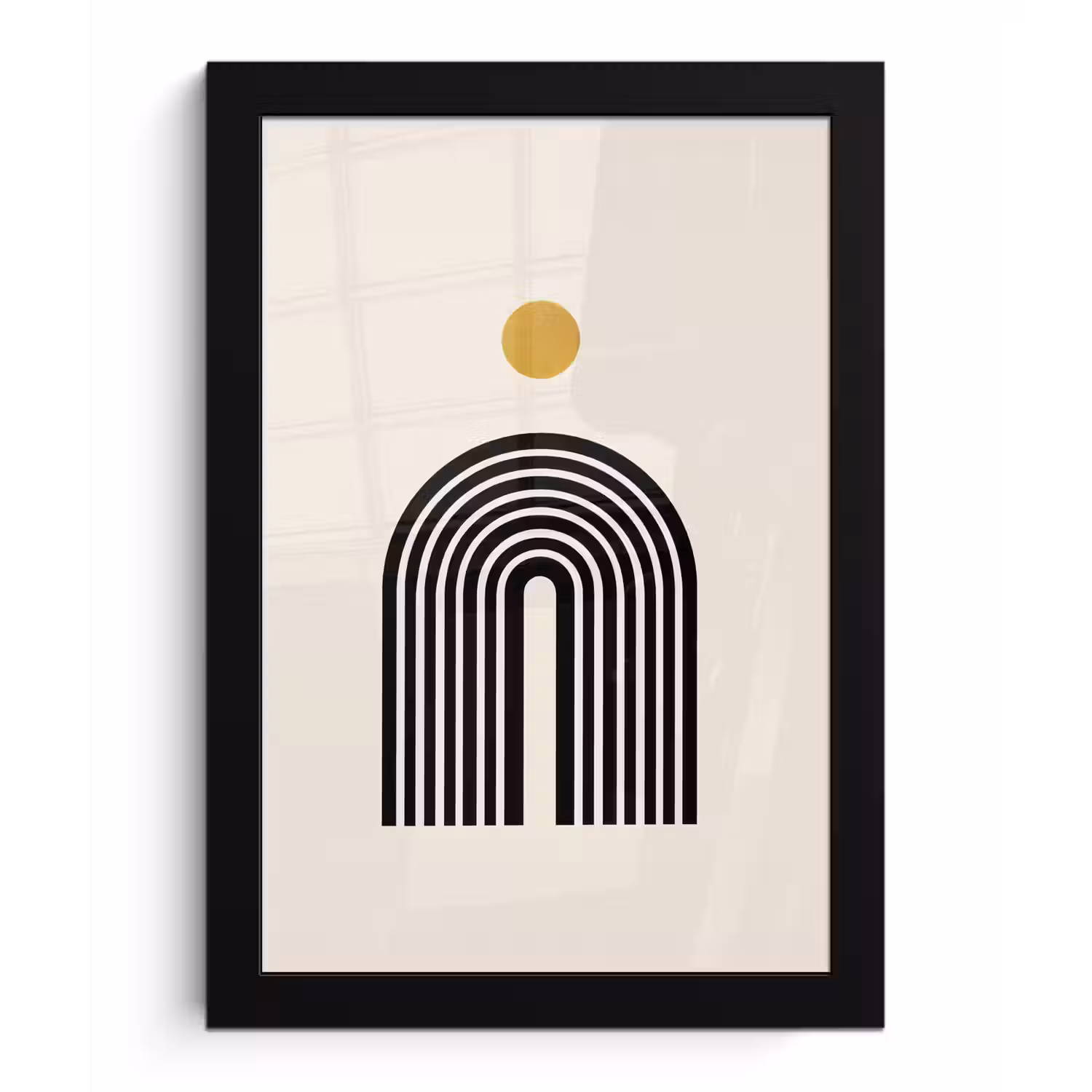 Minimalistisch - Zwarte boog - Gouden cirkel fotolijst zwart zonder passe partout klein -3d