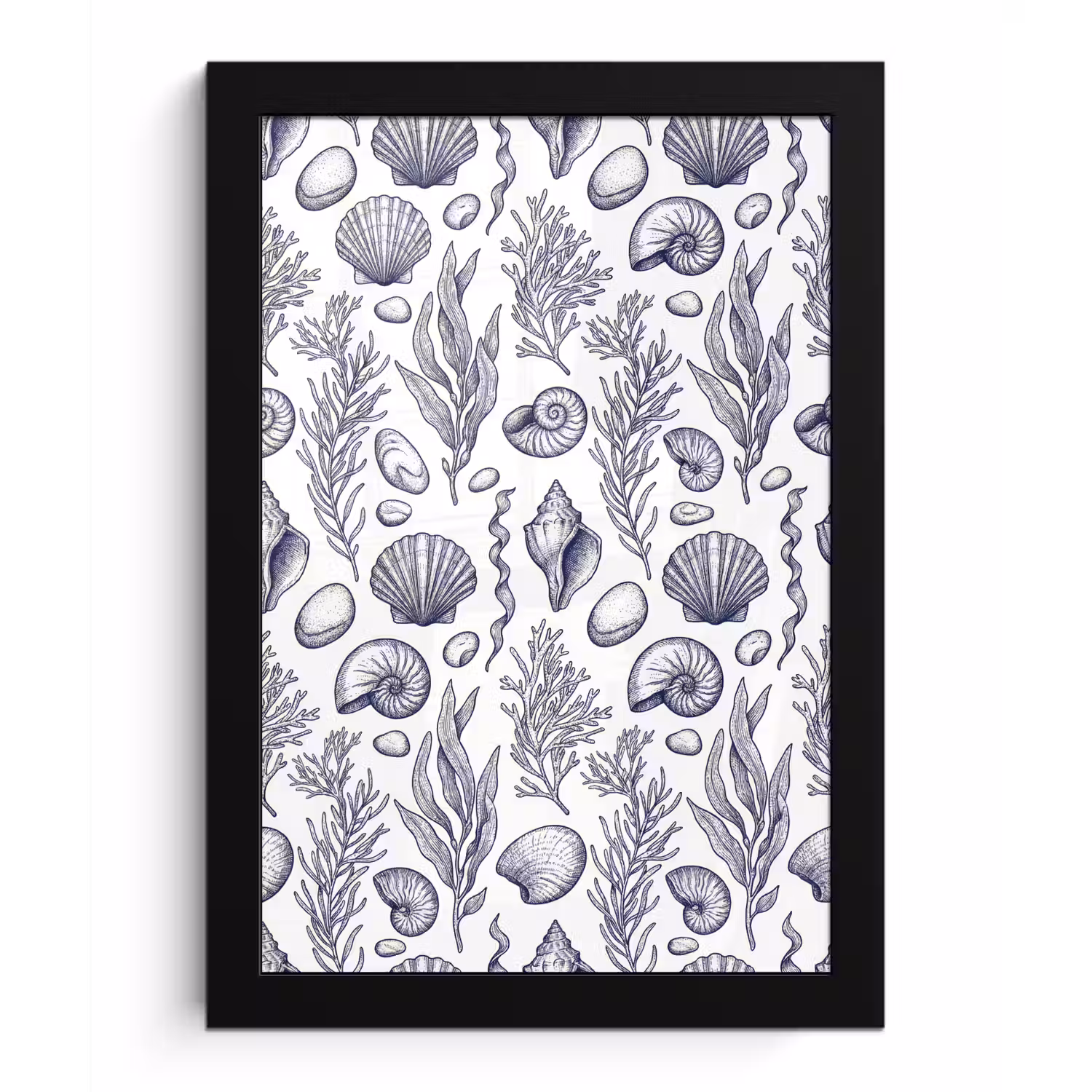 Schelpen - Zeewier - Oceaan - Illustratie - Blauw fotolijst zwart zonder passe partout klein -3d