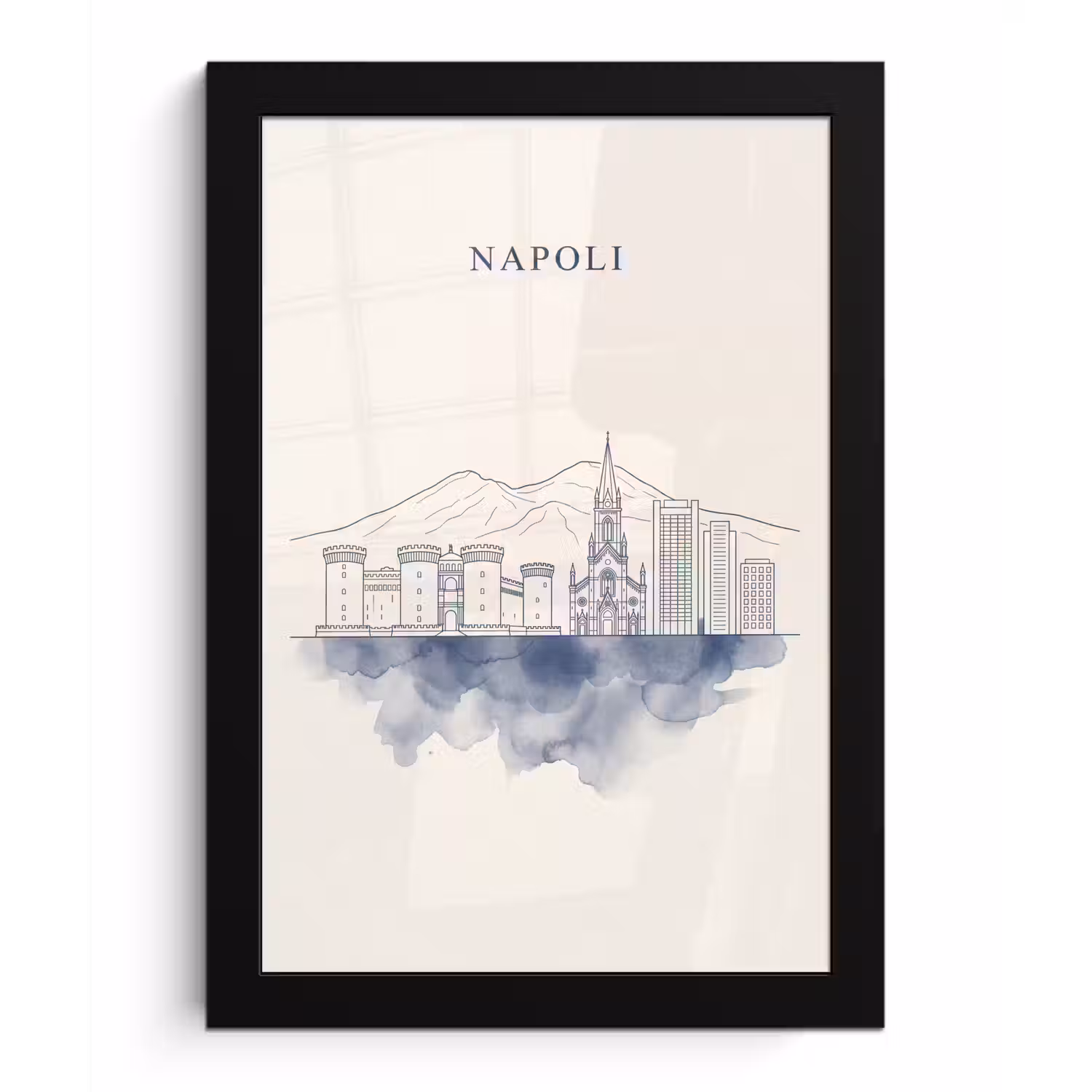 Napels - Skyline - Italie - Lijntekening - Aquarel fotolijst zwart zonder passe partout klein -3d