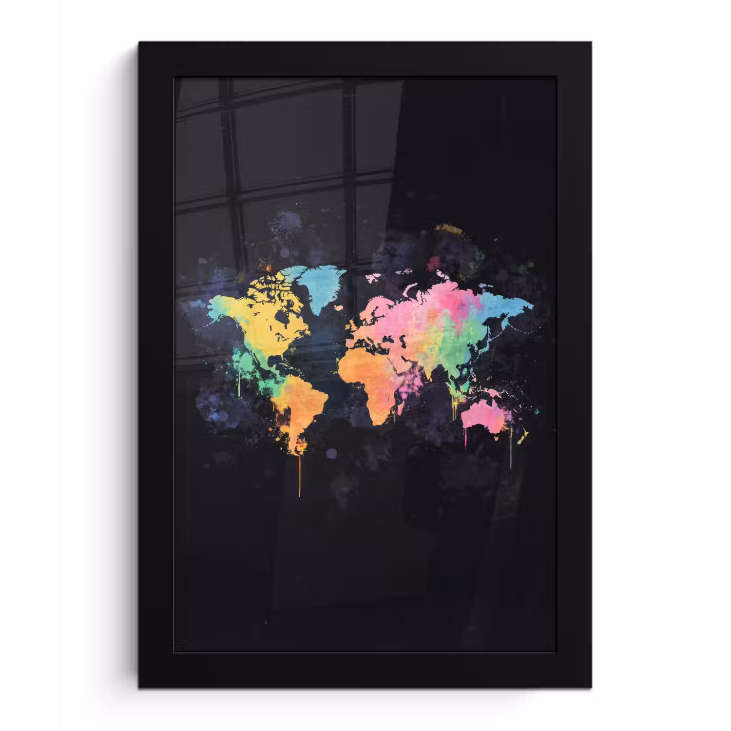 Neon - Pastel - Wereldkaart - Mistig fotolijst zwart zonder passe partout klein -3d