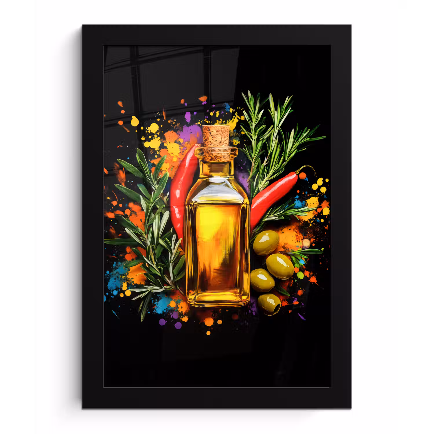 Olijfolie - Graffiti - Peper - Olijven - Modern fotolijst zwart zonder passe partout klein -3d