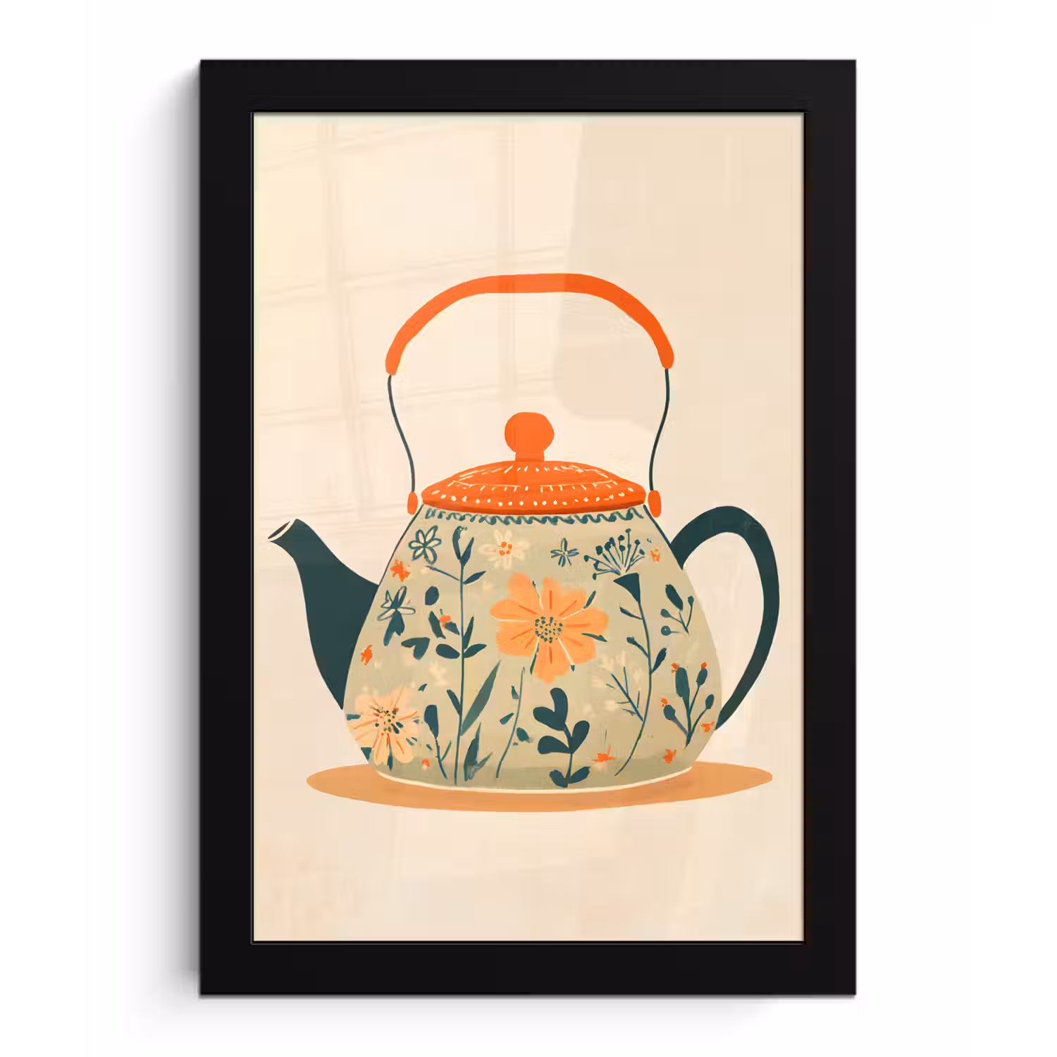 Oranje - Theepot - Bloemen - Bladeren fotolijst zwart zonder passe partout klein -3d