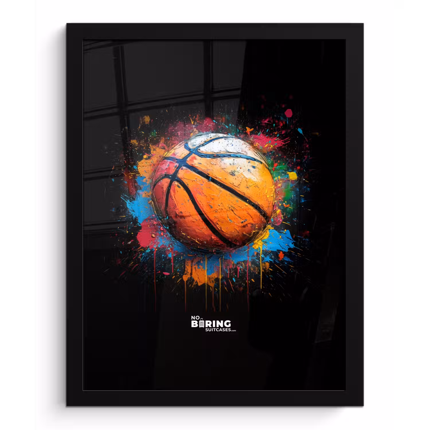 Oranje basketbal te midden van verfspetters fotolijst zwart zonder passe partout klein -3d