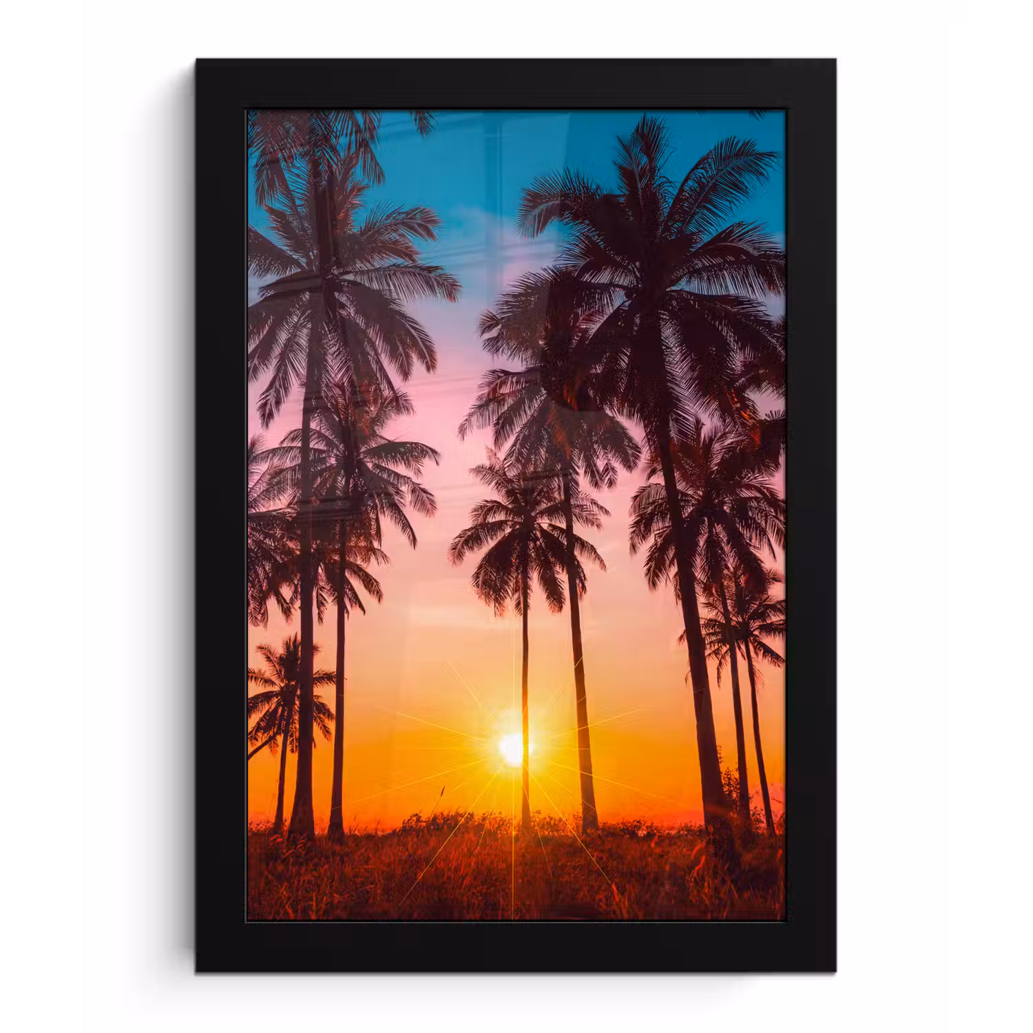 Palmboom - Zonsondergang - Horizon - Strand - Oranje - Roze fotolijst zwart zonder passe partout klein -3d