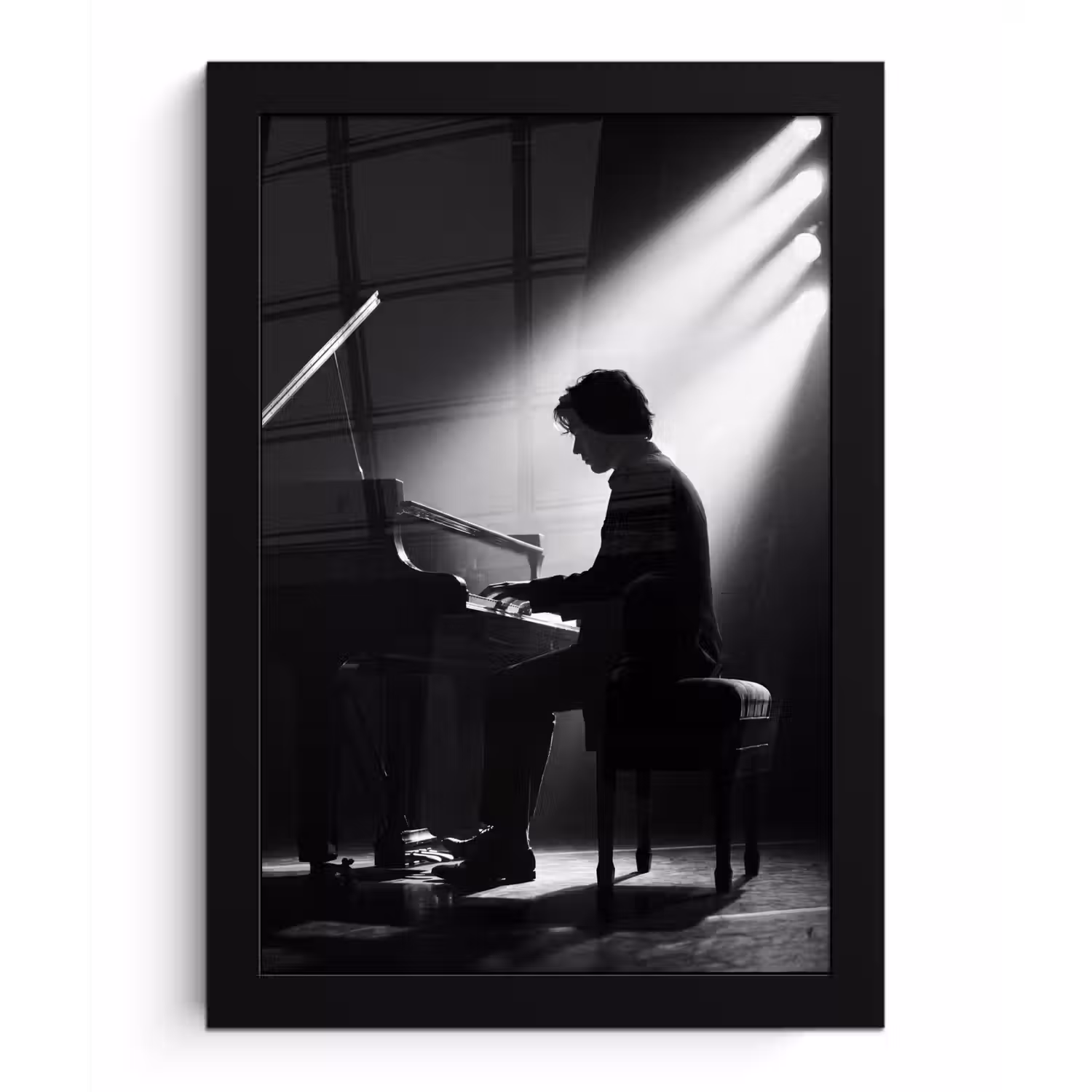 Persoon - Piano - Muziek - Zwart-wit - Podium fotolijst zwart zonder passe partout klein -3d