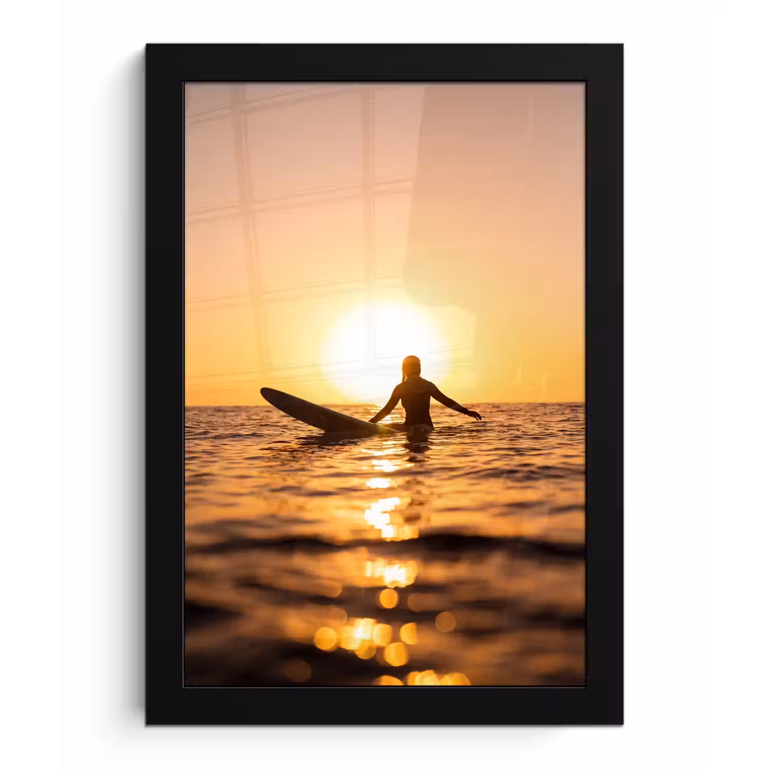 Persoon - Surfen - Zonsondergang - Zee - Oranje fotolijst zwart zonder passe partout klein -3d