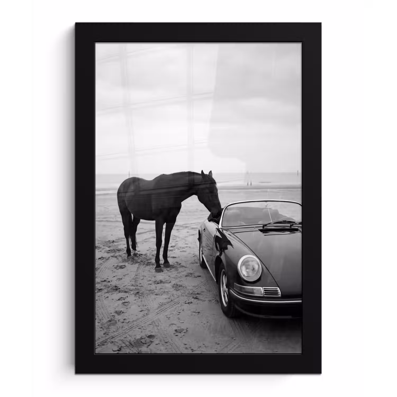 Paard - Auto - Zwart - Wit fotolijst zwart zonder passe partout klein -3d