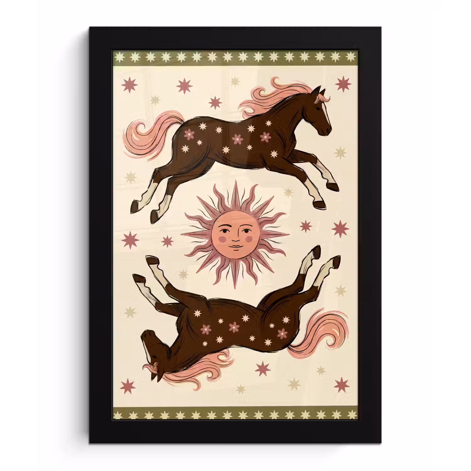Paard - Zon - Mystiek - Illustratie - Roze fotolijst zwart zonder passe partout klein -3d