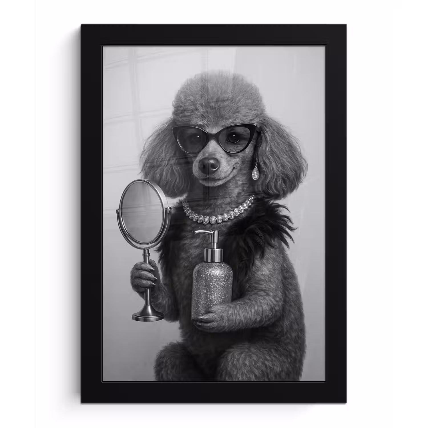Poedel - Spiegel - Zwart - Wit fotolijst zwart zonder passe partout klein -3d