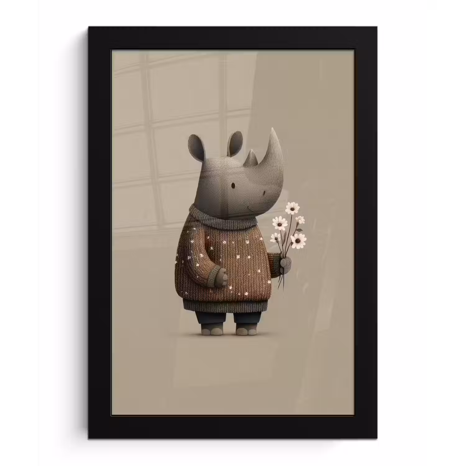 Neushoorn - Witte bloemen - Lief fotolijst zwart zonder passe partout klein -3d