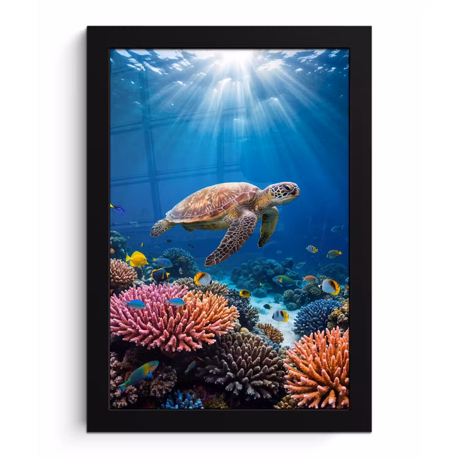 Schildpad - Koraalrif - Oceaan - Dieren - Blauw fotolijst zwart zonder passe partout klein -3d