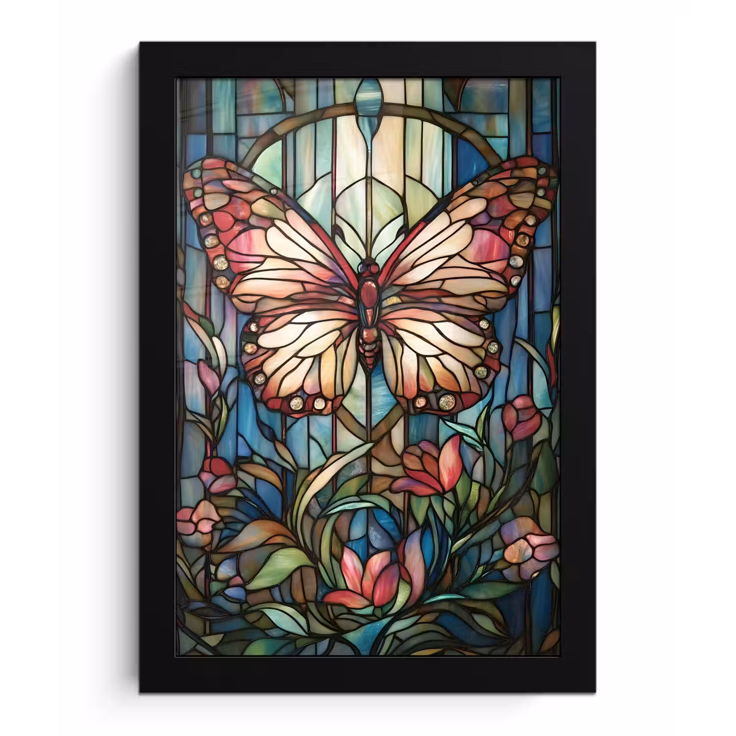 Vlinder - Roze - Bloemen - Bladeren fotolijst zwart zonder passe partout klein -3d