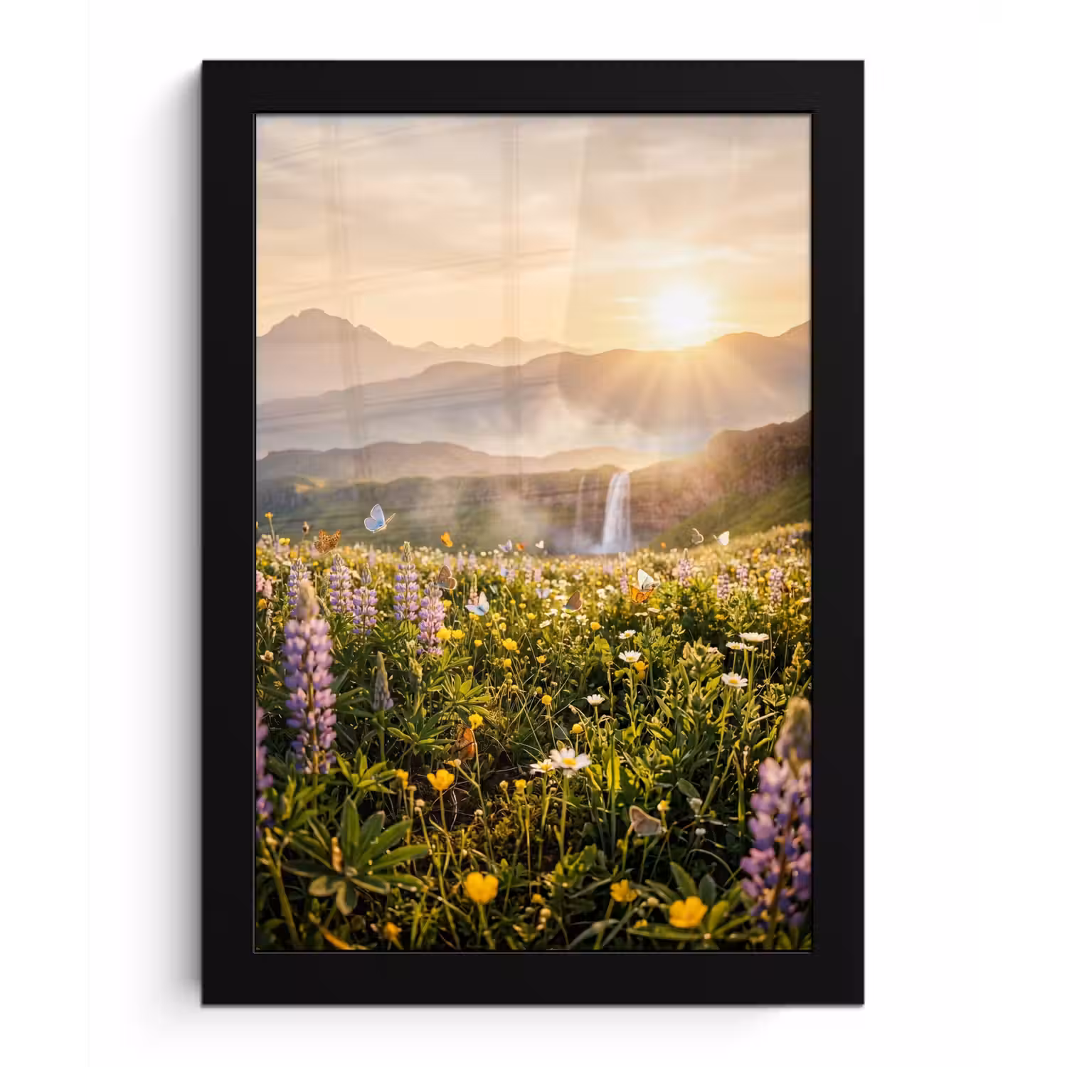 Vlinders - Waterval - Bloemenveld fotolijst zwart zonder passe partout klein -3d