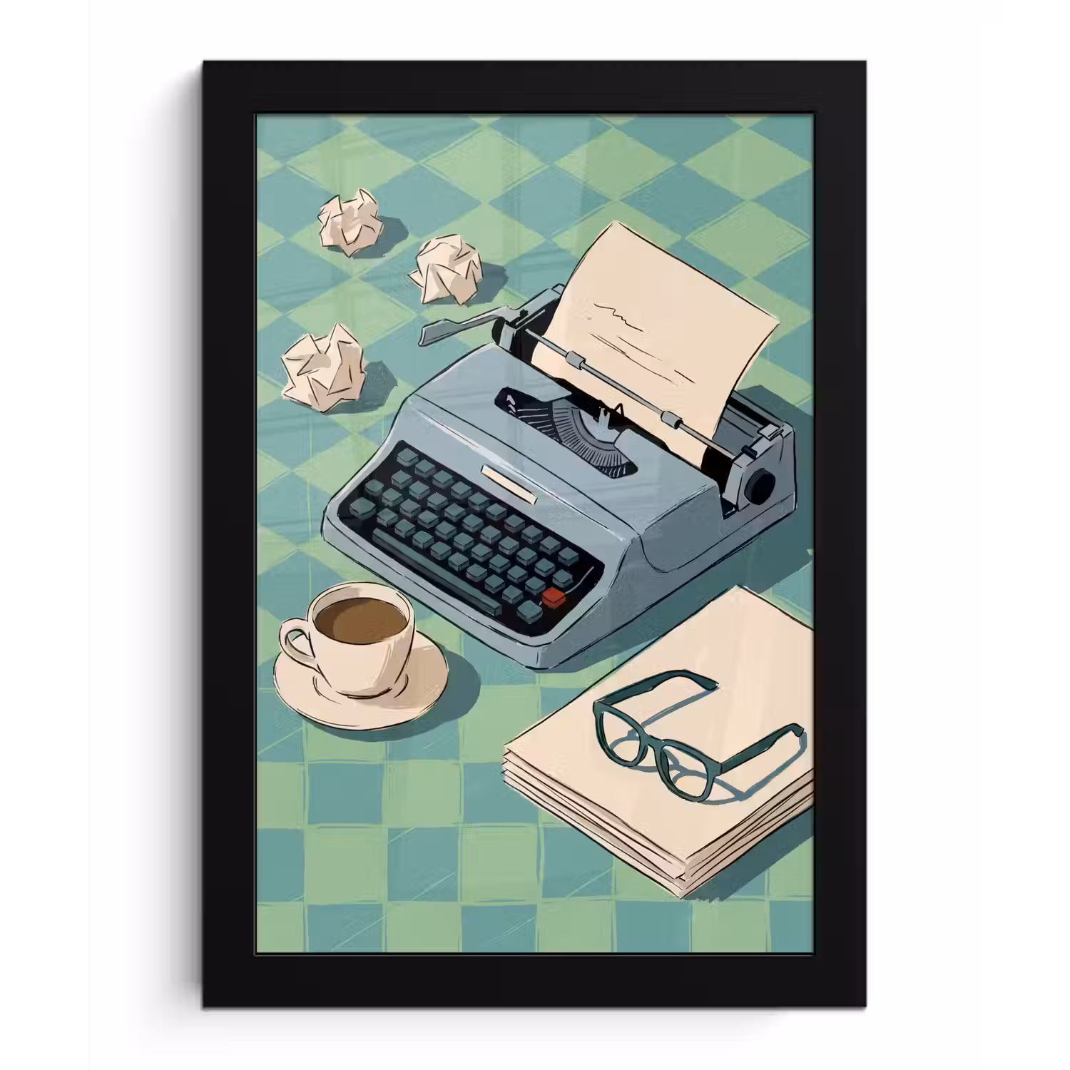 Typemachine - Kantoor - Vintage - Illustratie - Groen fotolijst zwart zonder passe partout klein -3d