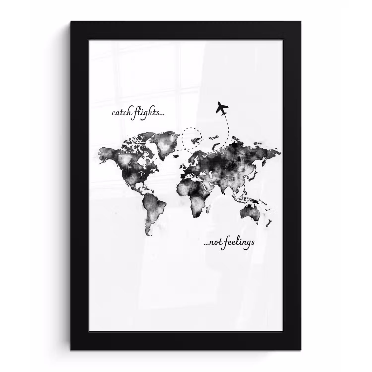 Zwart - Quote - Wereldkaart - Vliegen fotolijst zwart zonder passe partout klein -3d