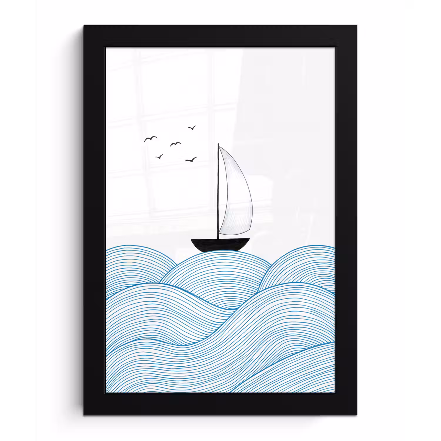 Zeilboot - Golven - Zee - Illustratie - Blauw fotolijst zwart zonder passe partout klein -3d