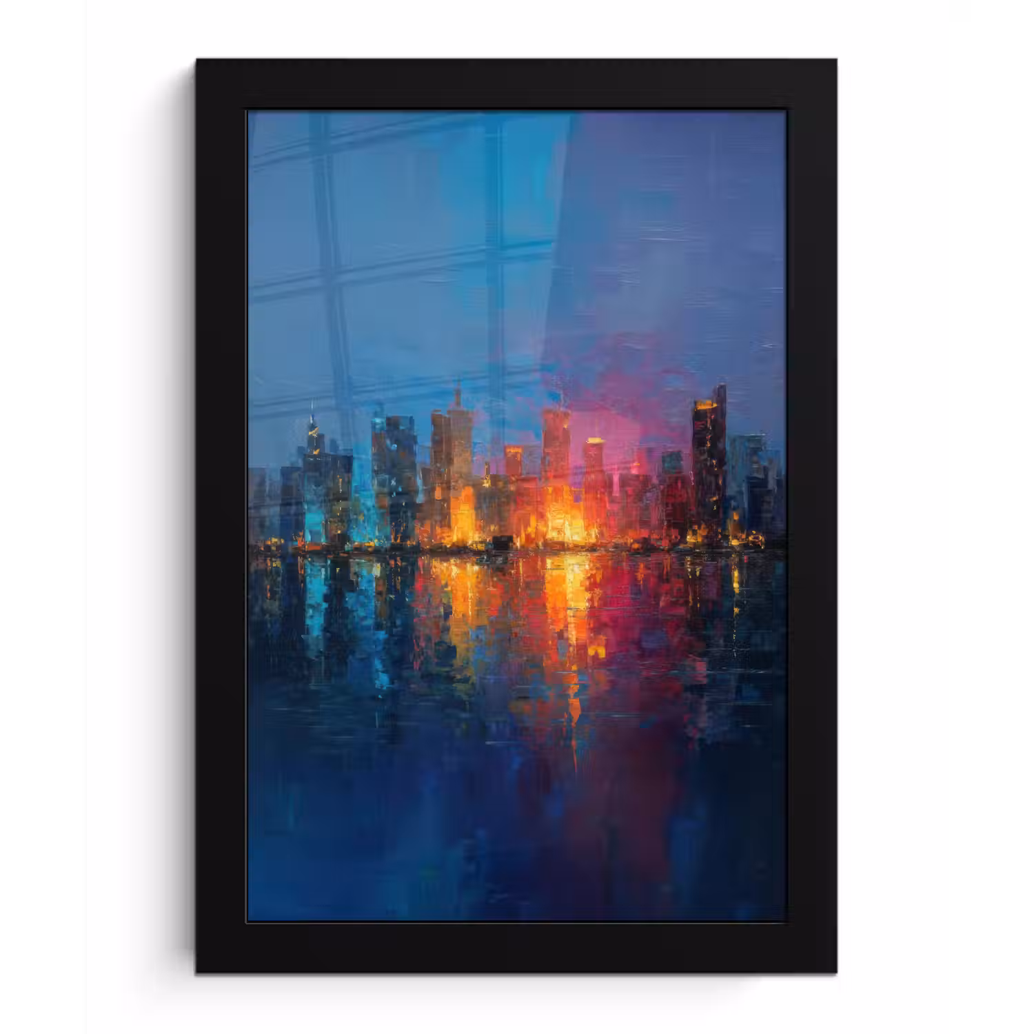 Skyline - Penseelstreken - Donkerblauw - Lichtgevend fotolijst zwart zonder passe partout klein -3d
