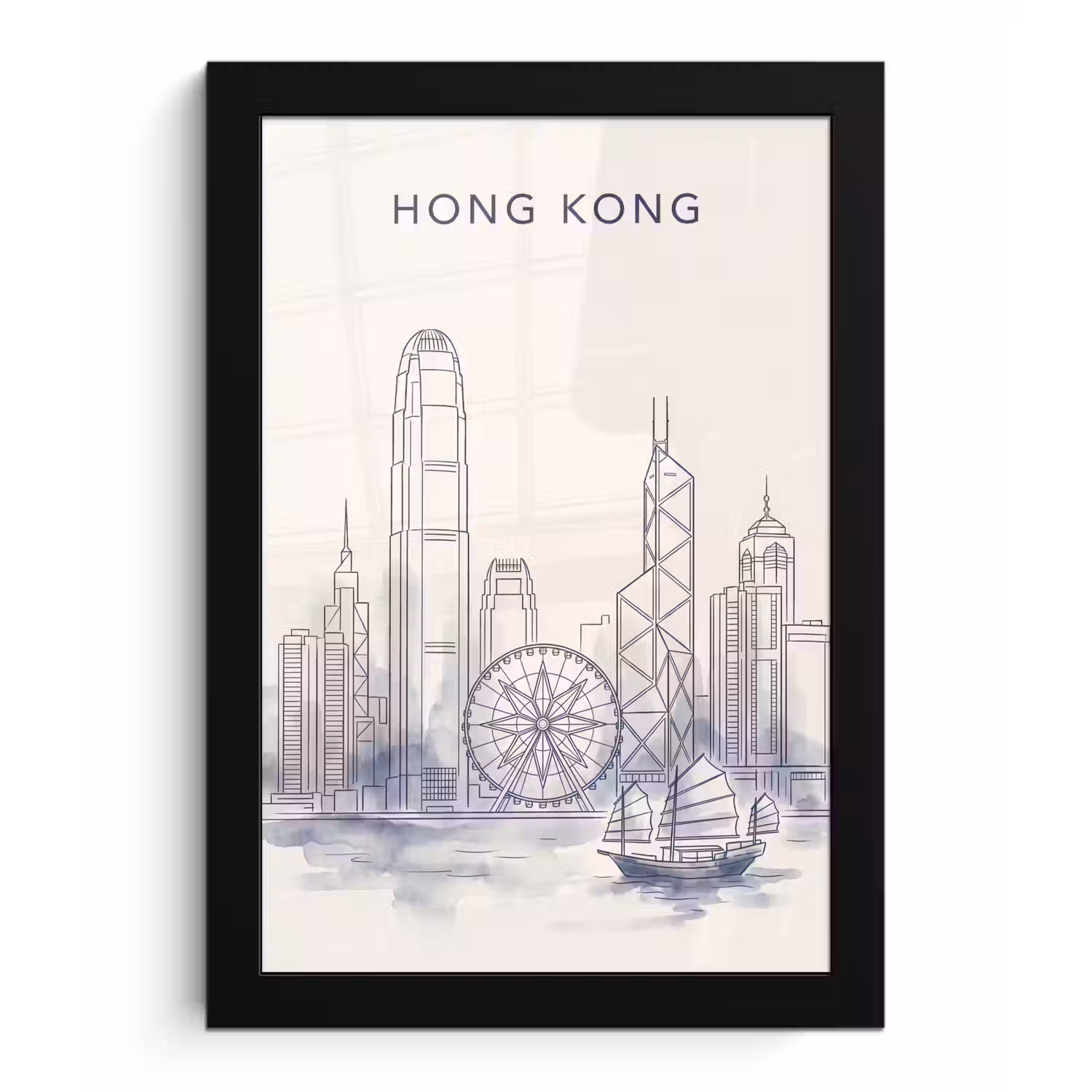 Stad - Skyline - Water - Lijntekening - Blauw fotolijst zwart zonder passe partout klein -3d