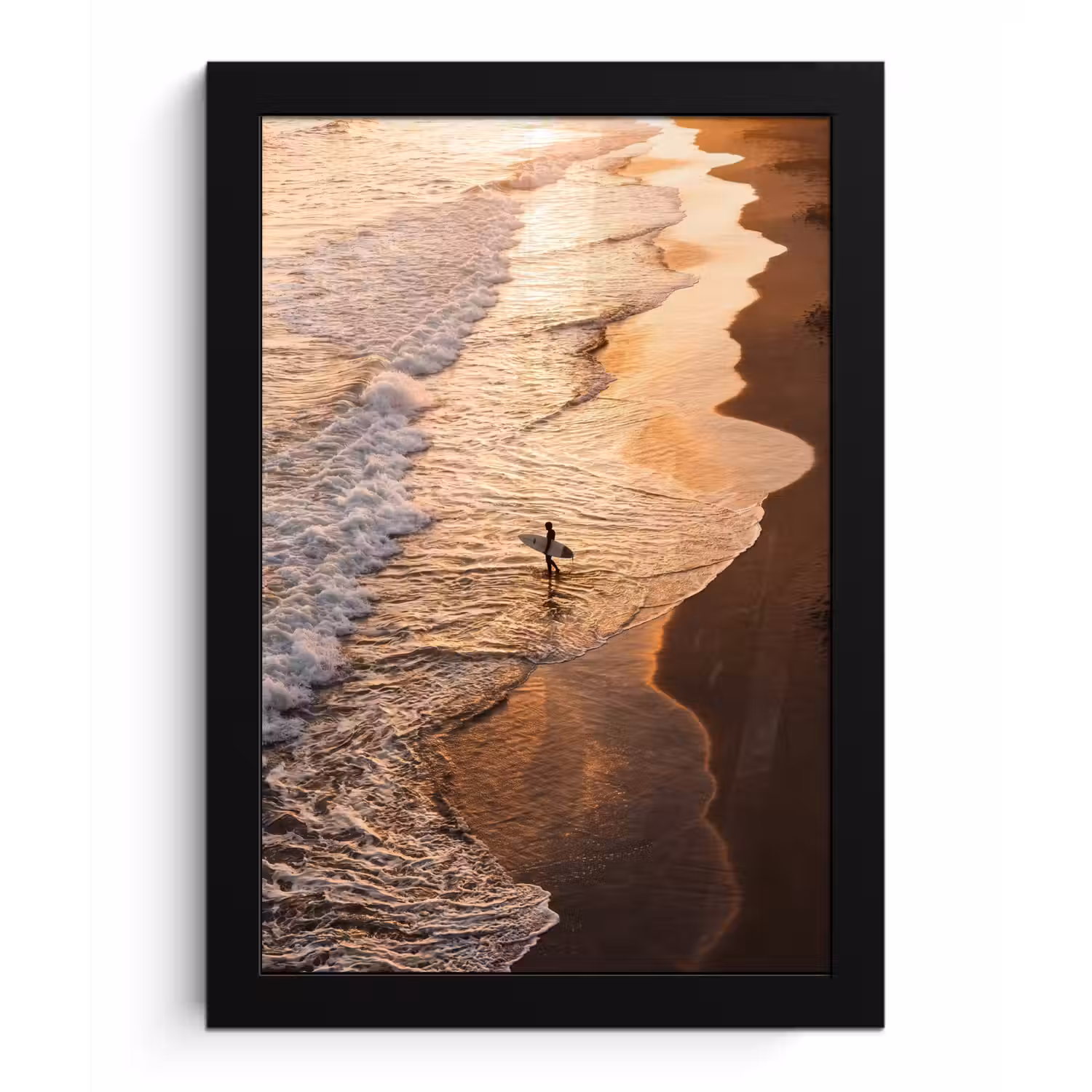 Surfer - Strand - Zonsondergang - Oceaan - Goud fotolijst zwart zonder passe partout klein -3d