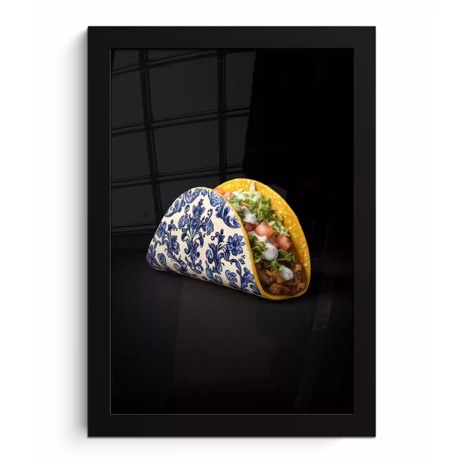 Taco - Vlees - Salade - Delftsblauw - Motief fotolijst zwart zonder passe partout klein -3d