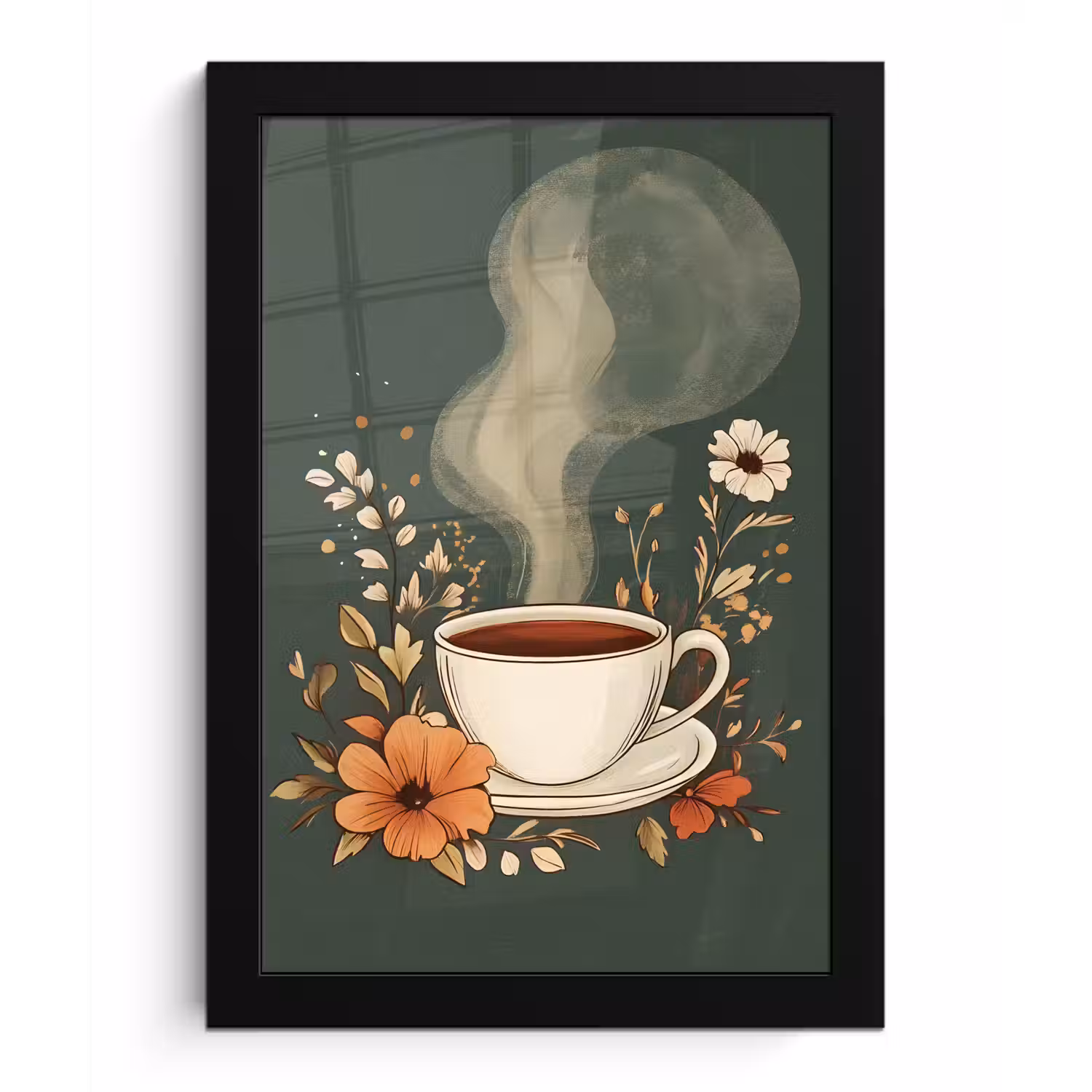 Kop - Bloemen - Groen - Koffie fotolijst zwart zonder passe partout klein -3d