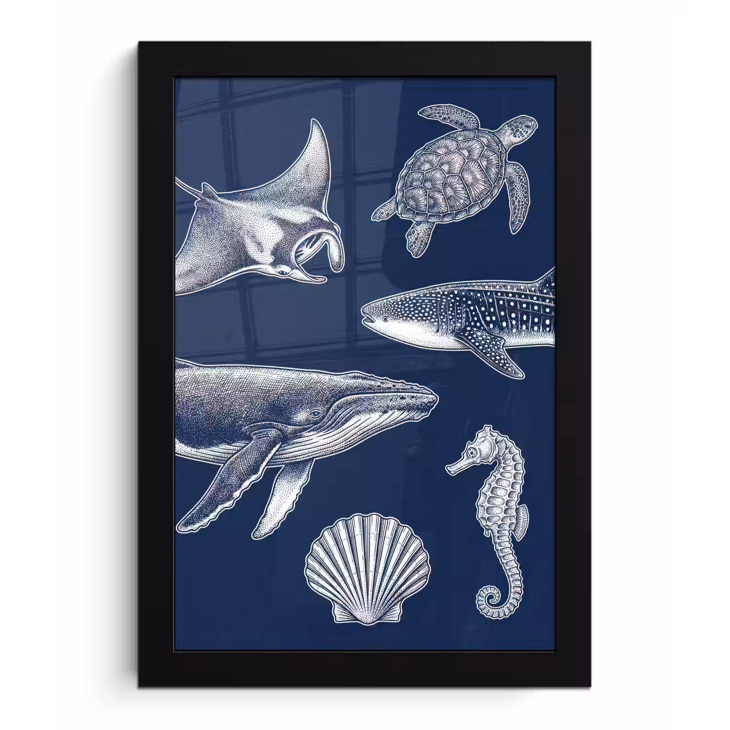 Dieren - Zeeleven - Oceaan - Graveren - Blauw fotolijst zwart zonder passe partout klein -3d