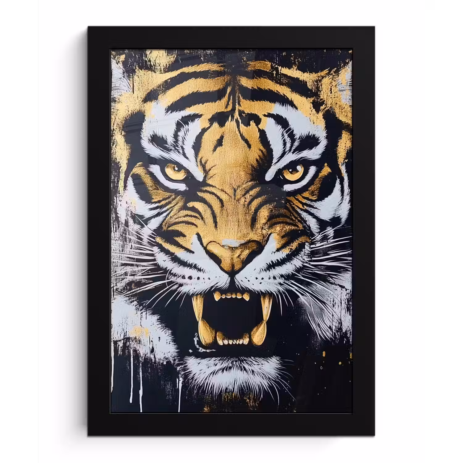 Tijger - Verfspatten - Goud fotolijst zwart zonder passe partout klein -3d