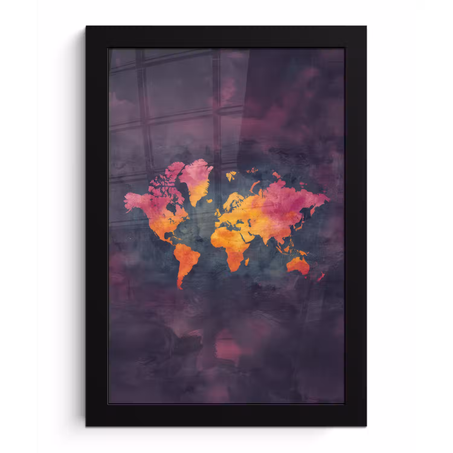 Paars - Warm - Wereldkaart fotolijst zwart zonder passe partout klein -3d