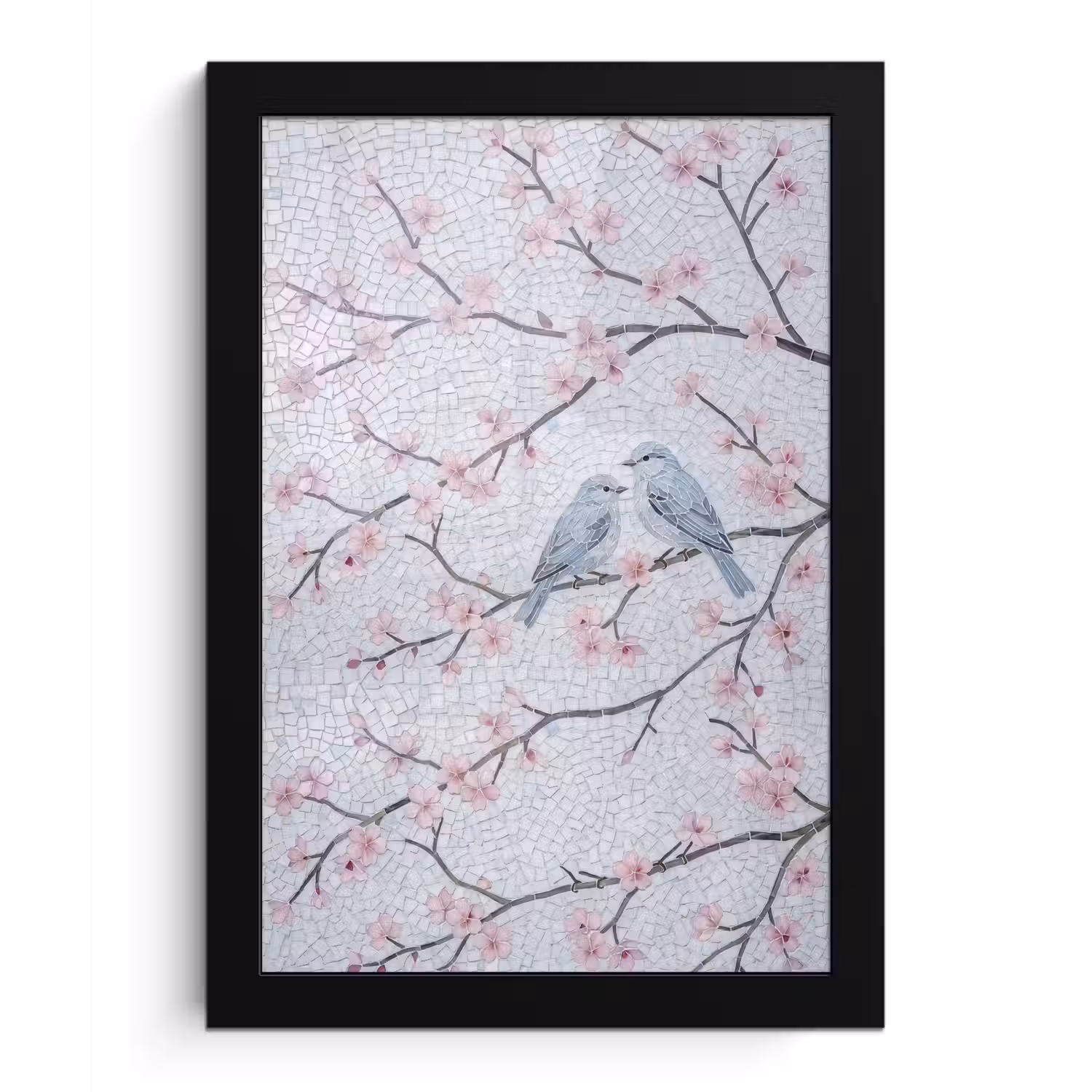 Vogel - Bloemen - Natuur - Mozaïek - Roze fotolijst zwart zonder passe partout klein -3d
