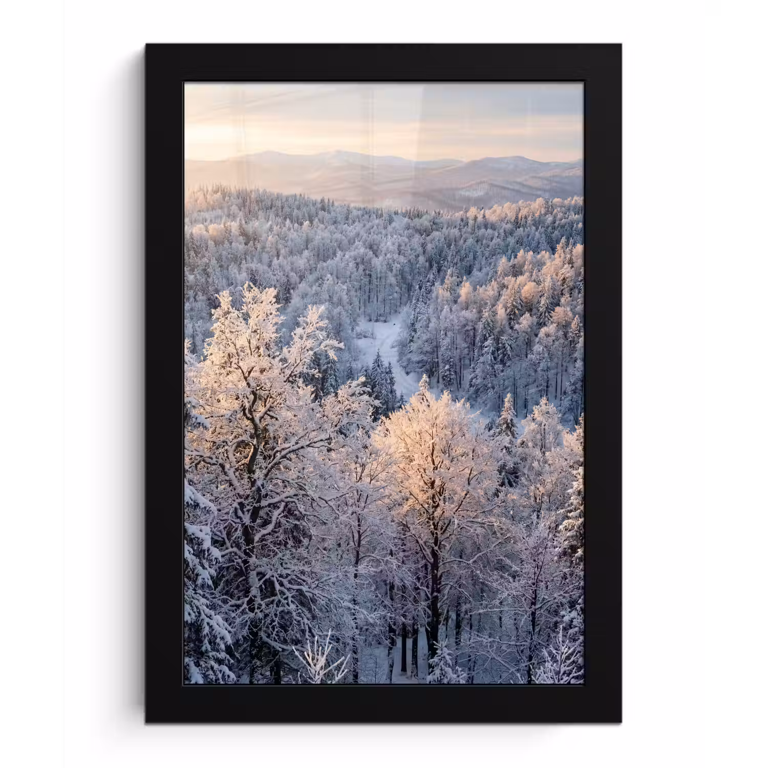 Bos - Bergen - Goud - Winter - Warm fotolijst zwart zonder passe partout klein -3d