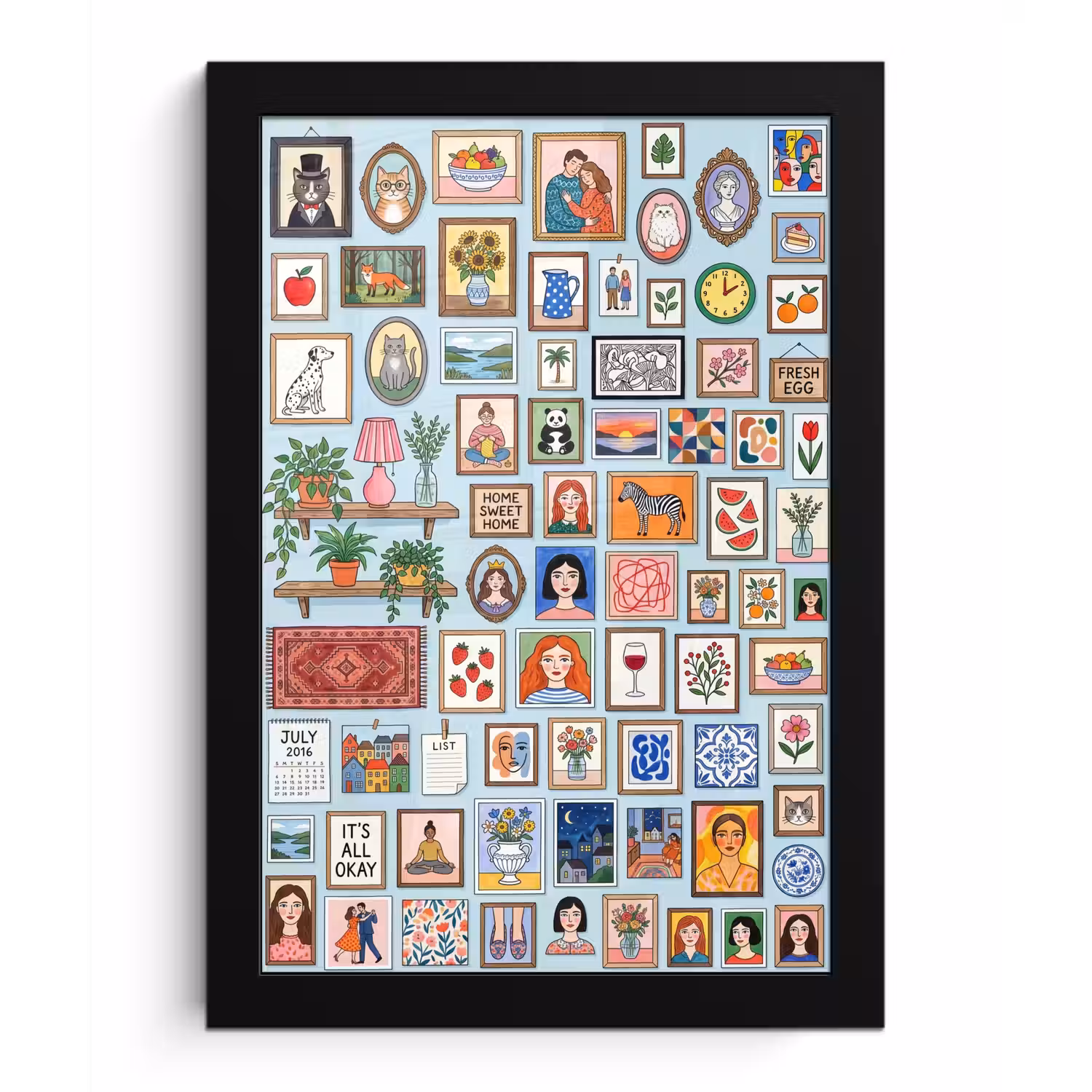 Wanddecoratie - Collectie - Huis - Illustratief - Kleurrijk fotolijst zwart zonder passe partout klein -3d