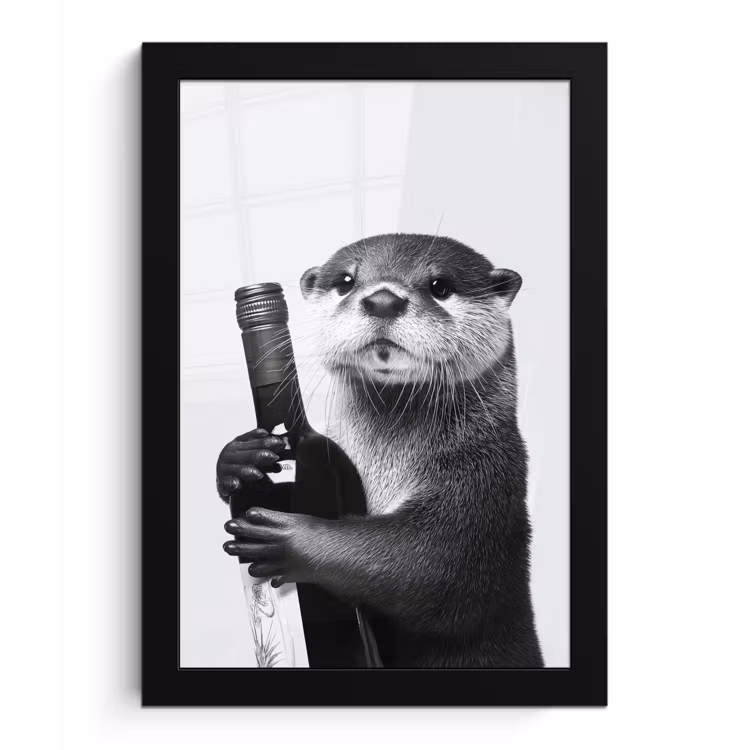 Wijnfles - Otter - Zwart fotolijst zwart zonder passe partout klein -3d