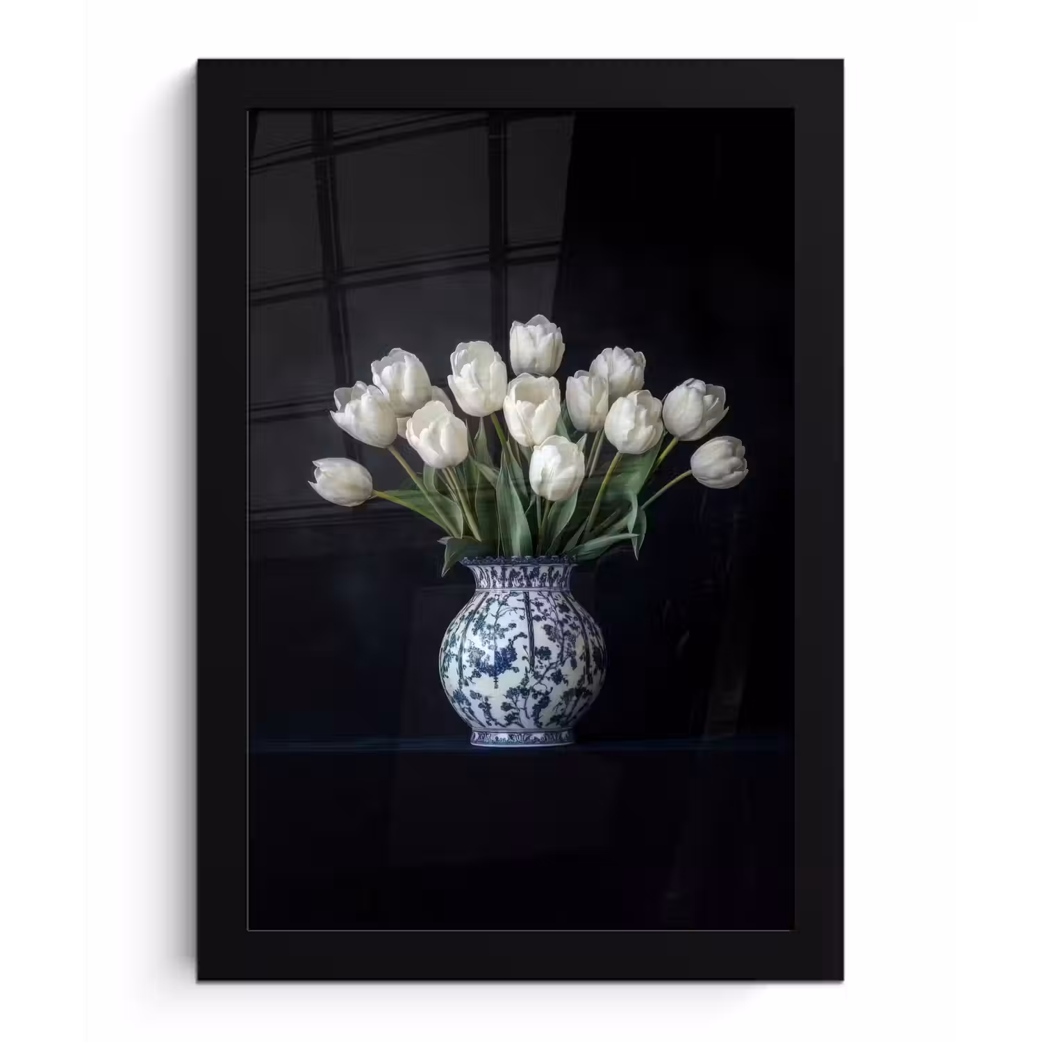 Wit - Bloemen - Tulpen - Vaas fotolijst zwart zonder passe partout klein -3d