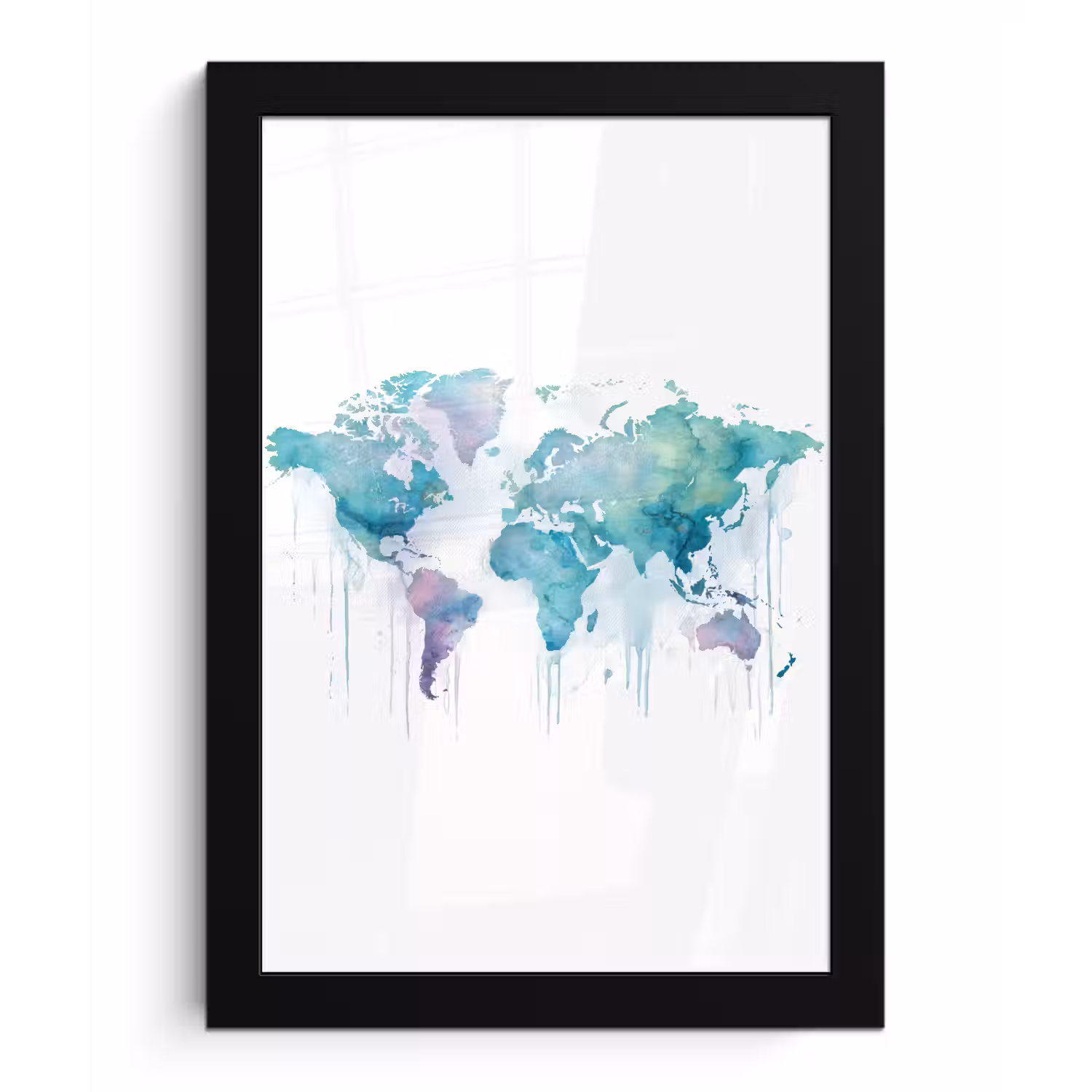 Wereldkaart - Waterverf - Blauw - Druppels fotolijst zwart zonder passe partout klein -3d