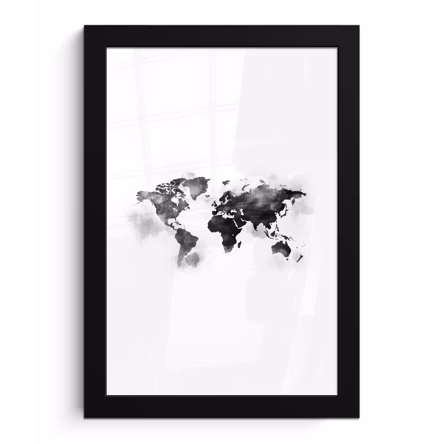 Wereldkaart - Waterverf - Zwart - Wit fotolijst zwart zonder passe partout klein -3d