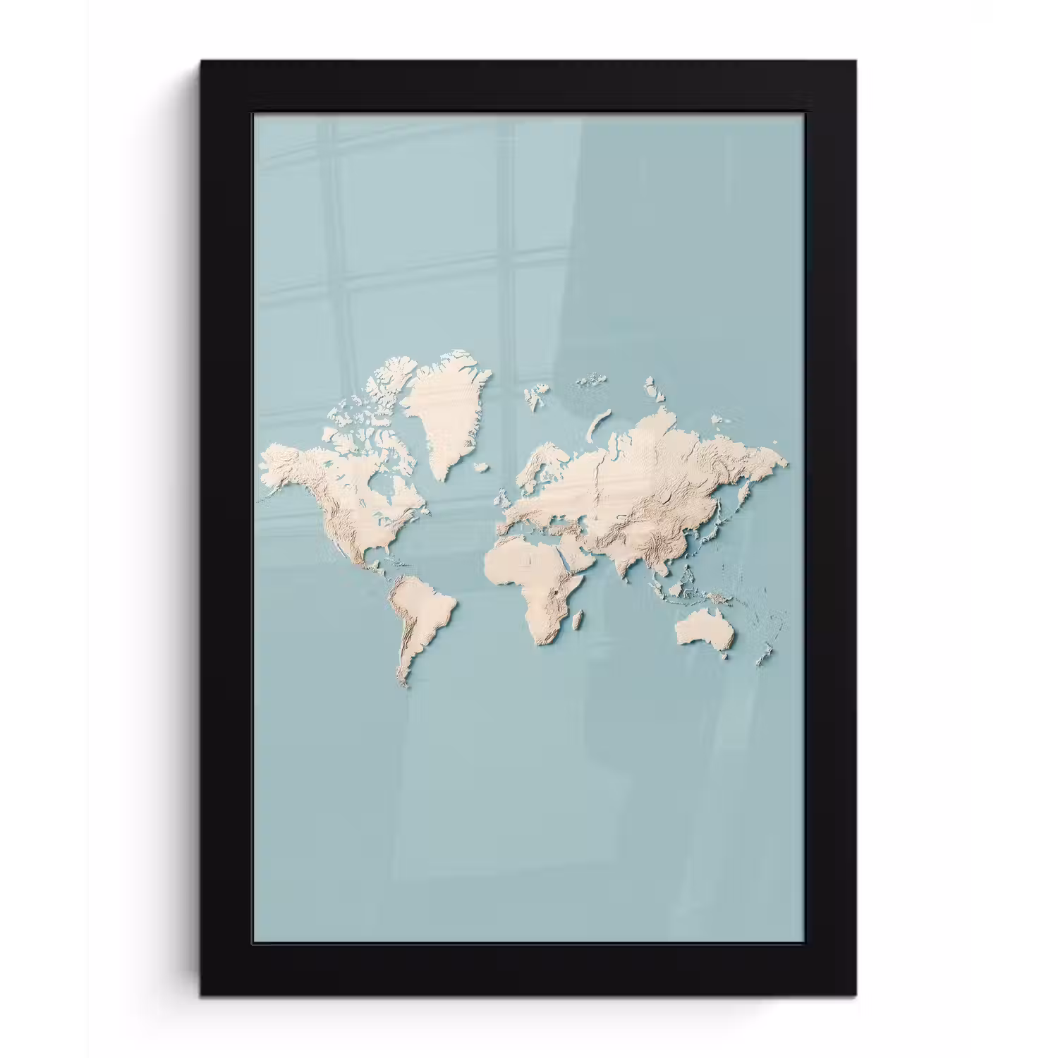 Wereldkaart - Beige - Blauw fotolijst zwart zonder passe partout klein -3d