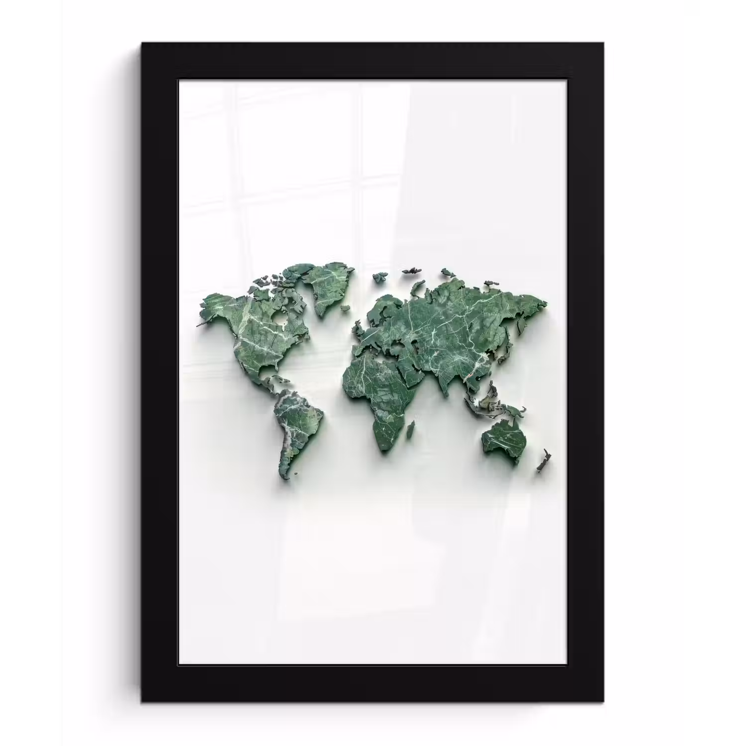 Wereldkaart - Bladeren - 3D fotolijst zwart zonder passe partout klein -3d