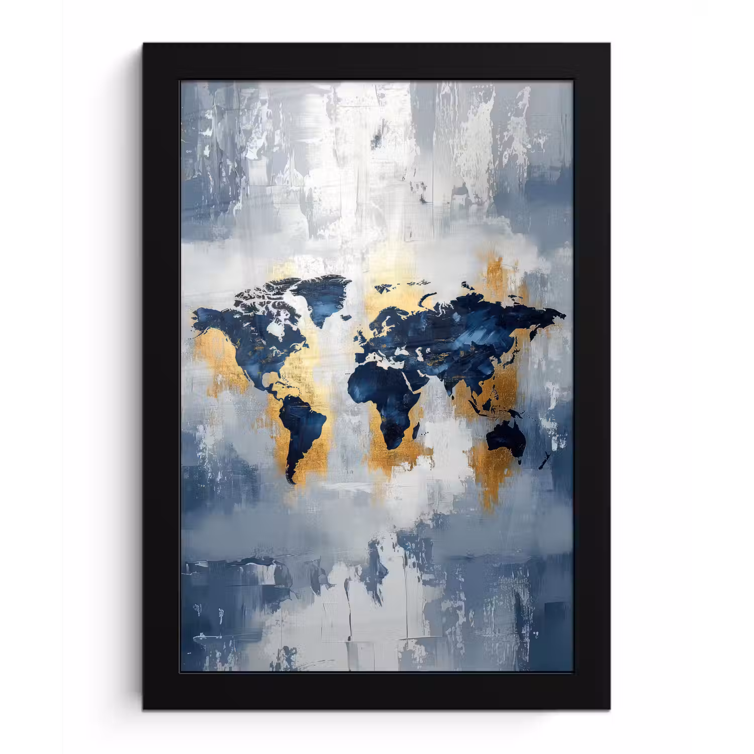 Wereldkaart - Blauw - Abstract fotolijst zwart zonder passe partout klein -3d