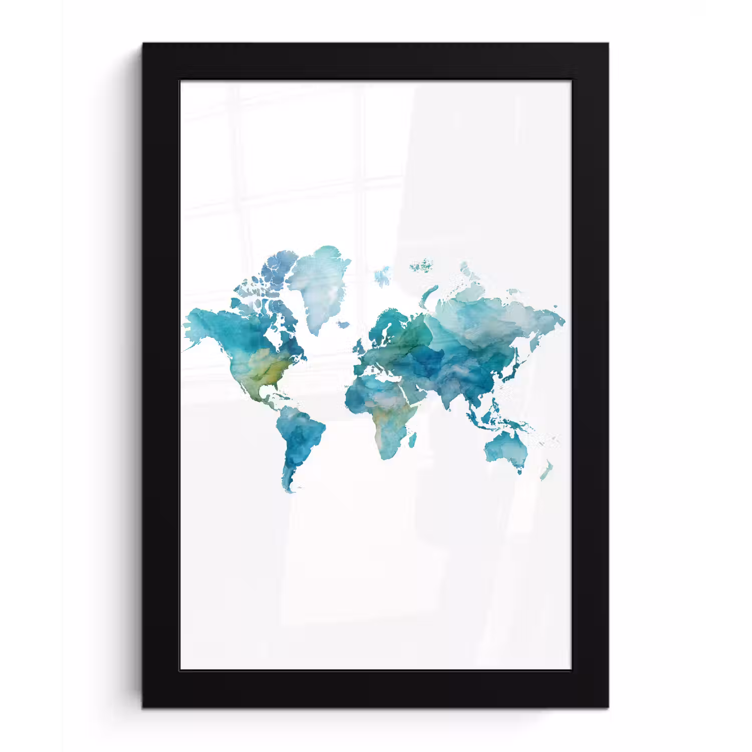 Wereldkaart - Blauw - Geschilderd - Transparant fotolijst zwart zonder passe partout klein -3d