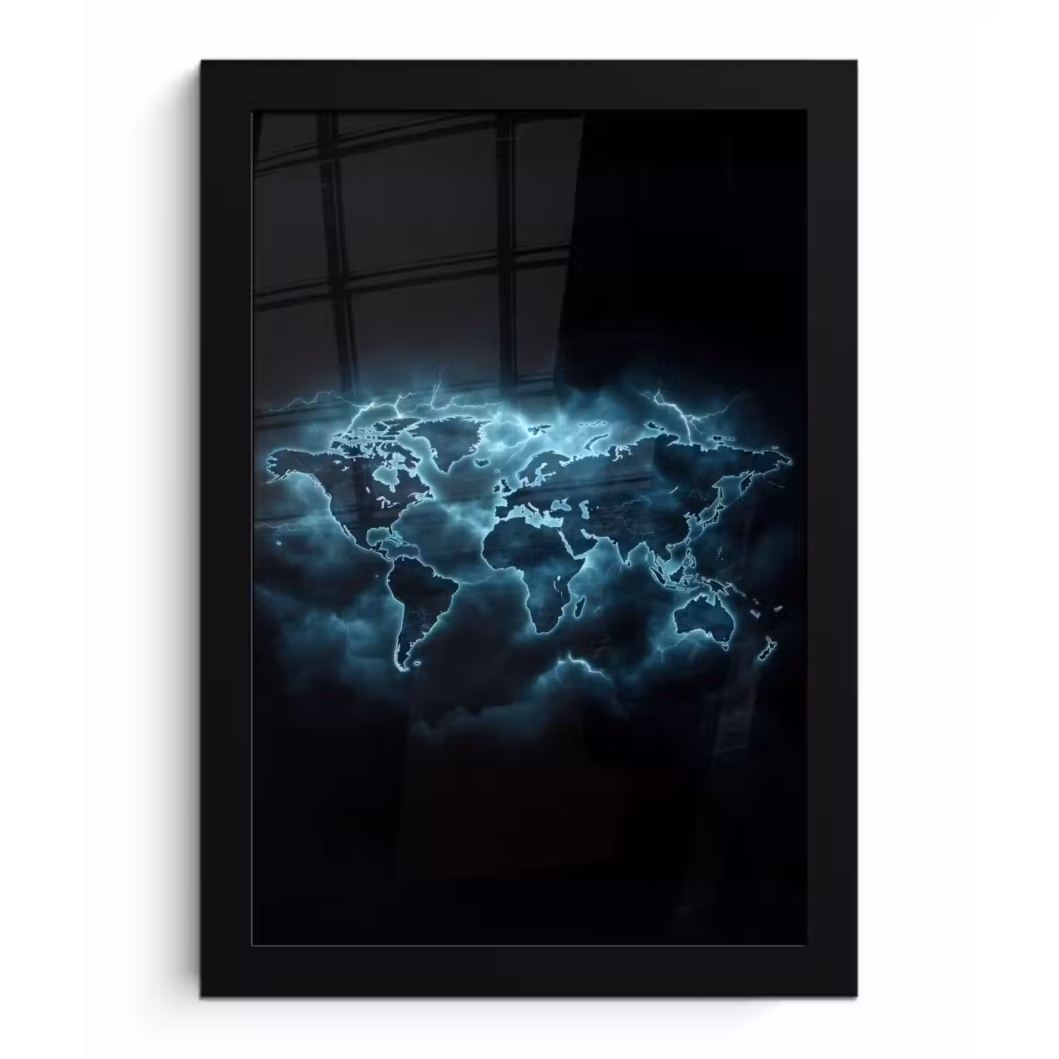 Wereldkaart - Bliksem - Blauw fotolijst zwart zonder passe partout klein -3d