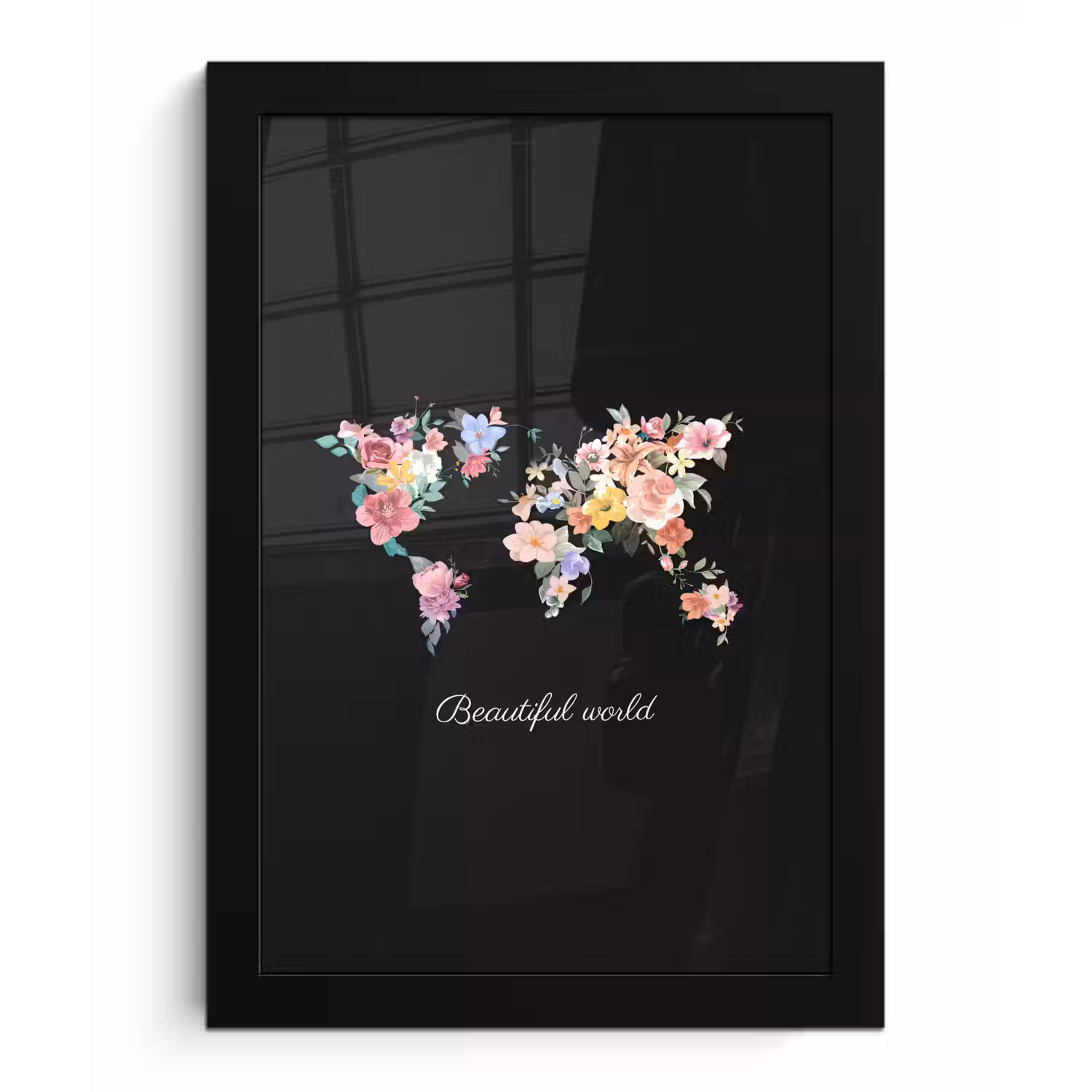 Wereldkaart - Bloemen - Pastelkleuren fotolijst zwart zonder passe partout klein -3d