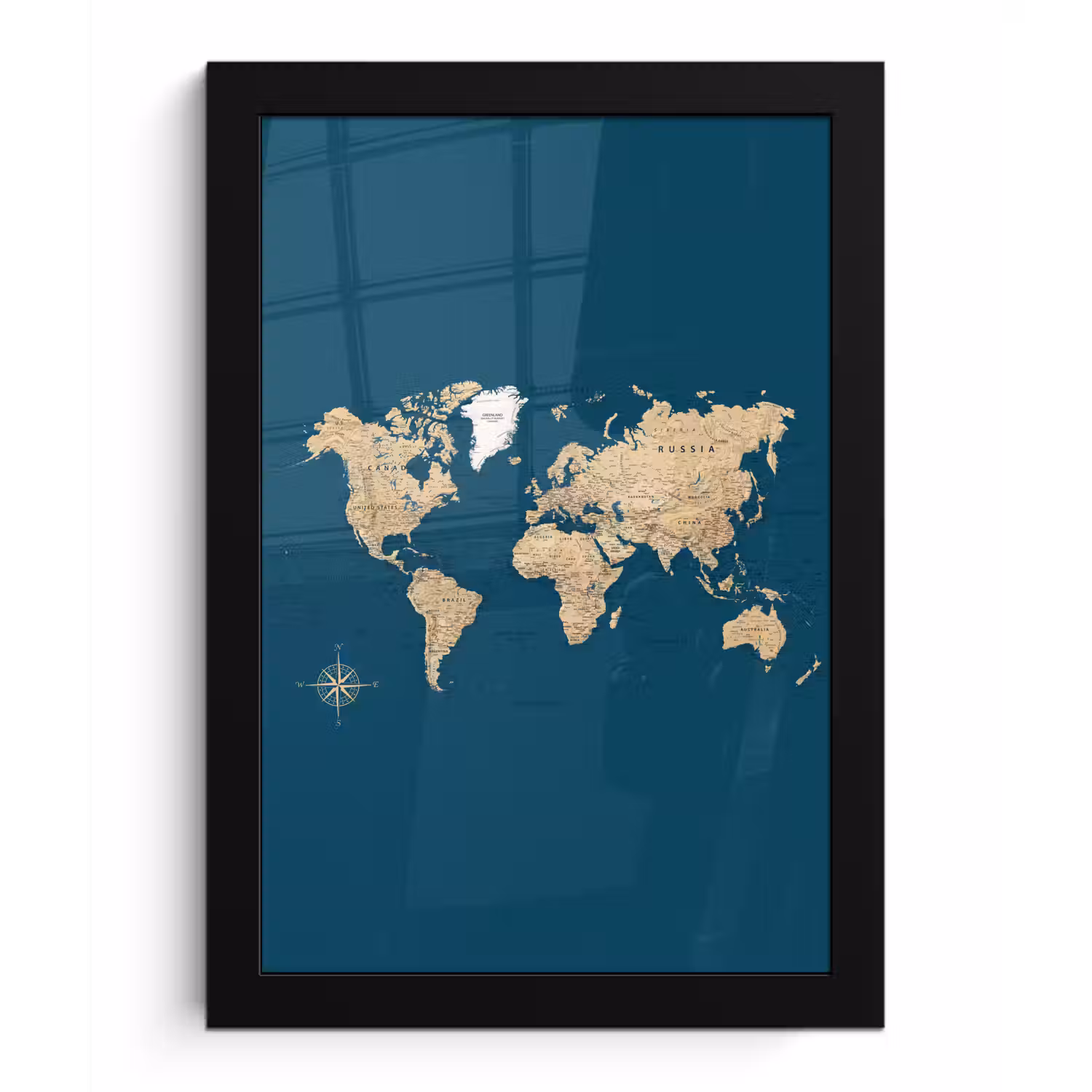 Wereldkaart - Donkerblauw - Beige fotolijst zwart zonder passe partout klein -3d