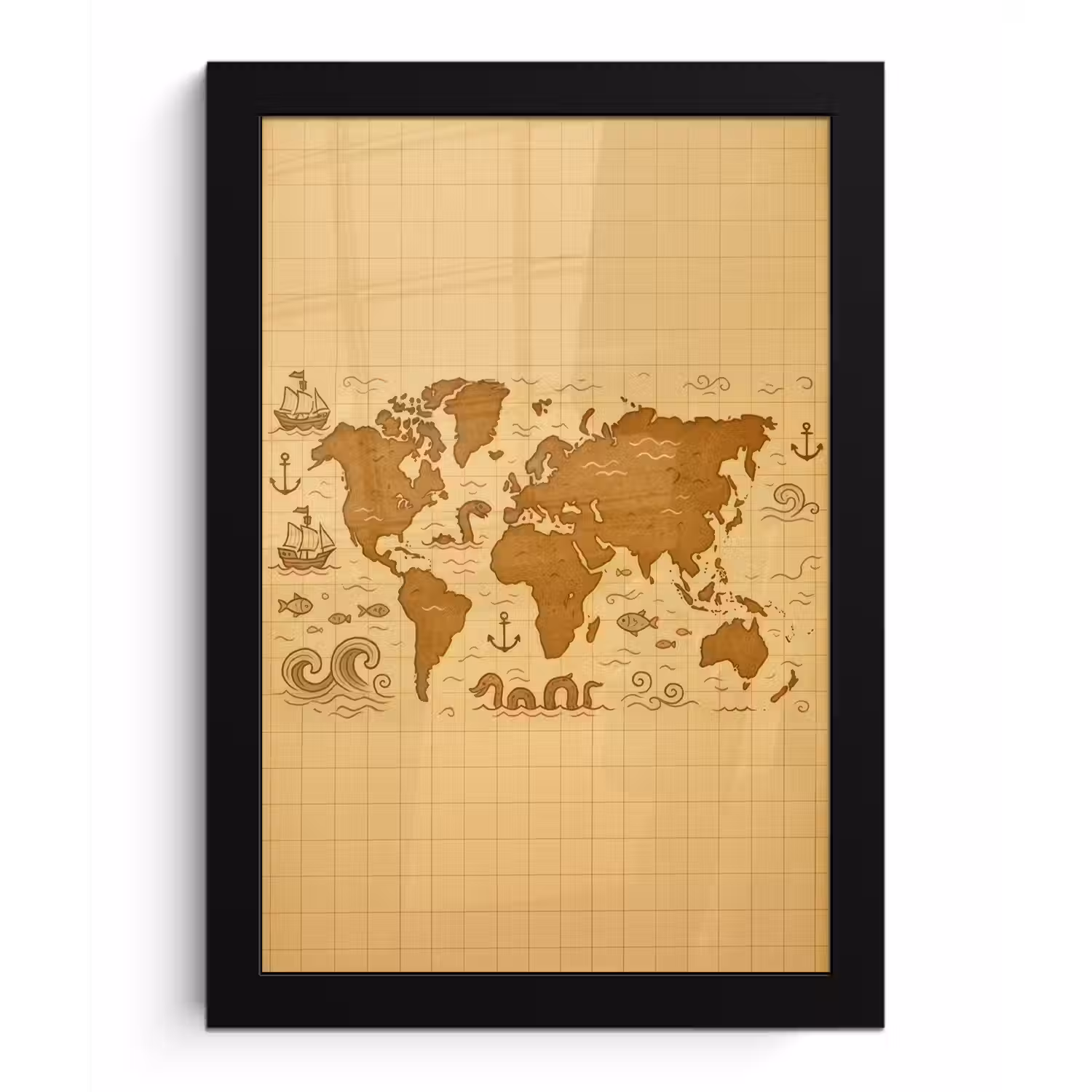 Wereldkaart - Fantasiestijl - Bruin fotolijst zwart zonder passe partout klein -3d