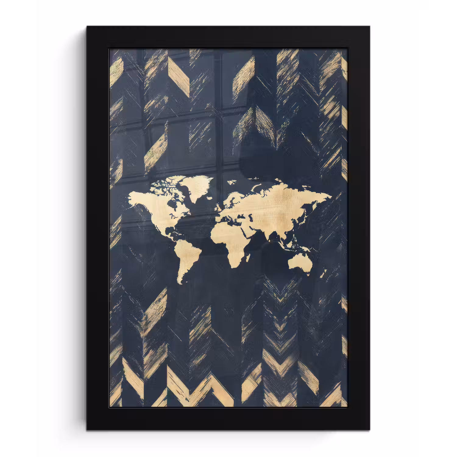 Wereldkaart - Visgraatpatroon - Vintage - Blauw fotolijst zwart zonder passe partout klein -3d