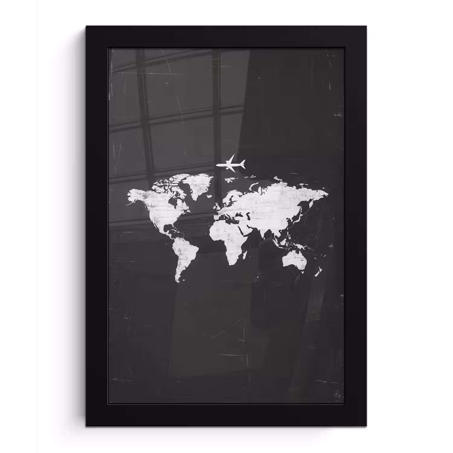 Wereldkaart - Vliegtuig - Zwart - Vintage fotolijst zwart zonder passe partout klein -3d