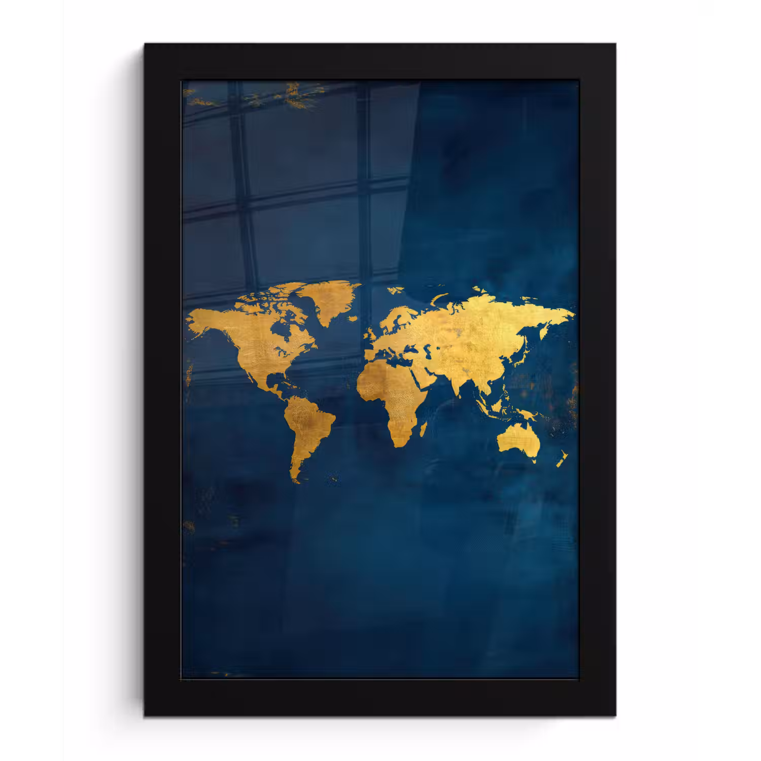 Wereldkaart - Goud - Donkerblauw fotolijst zwart zonder passe partout klein -3d