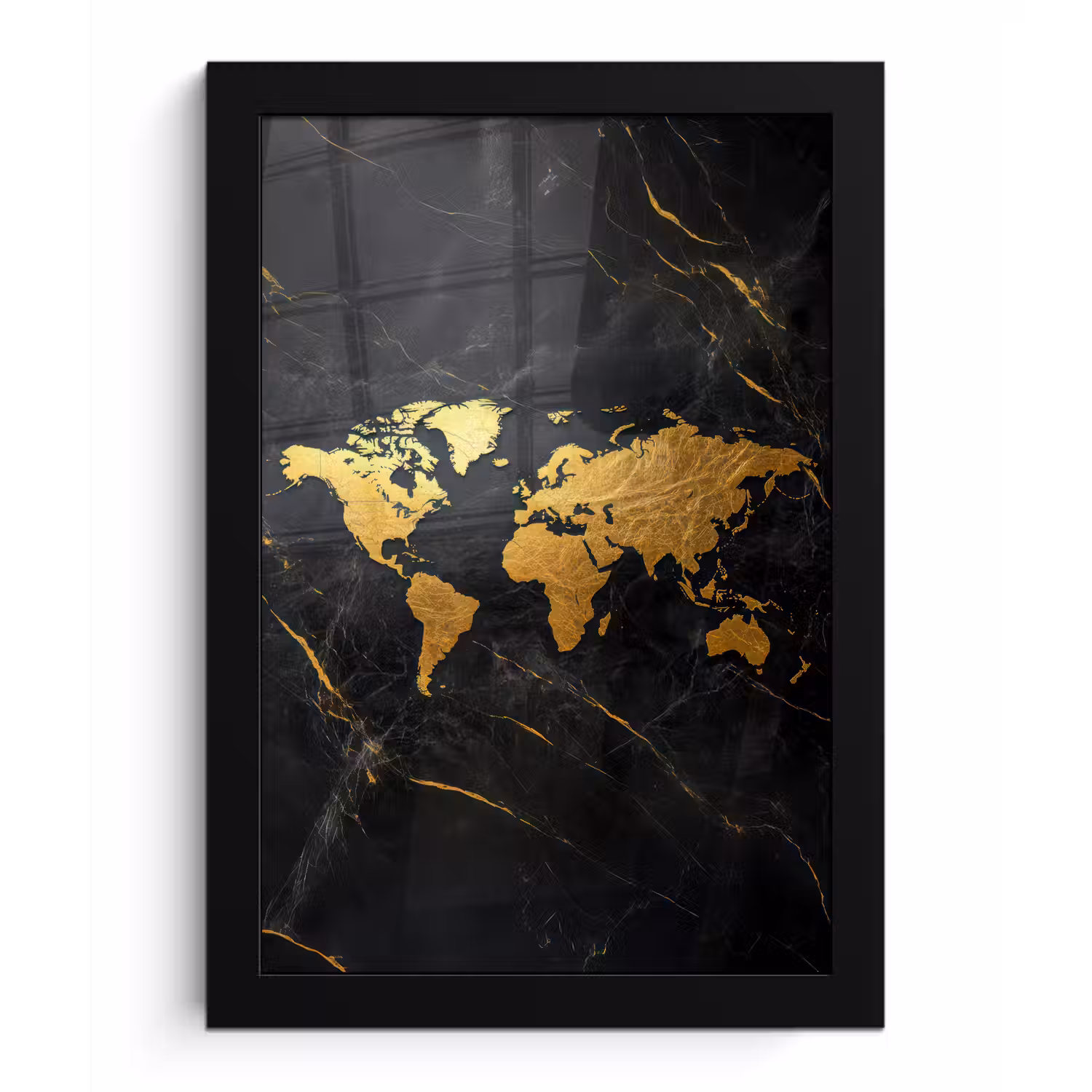 Wereldkaart - Goud - Marmer fotolijst zwart zonder passe partout klein -3d