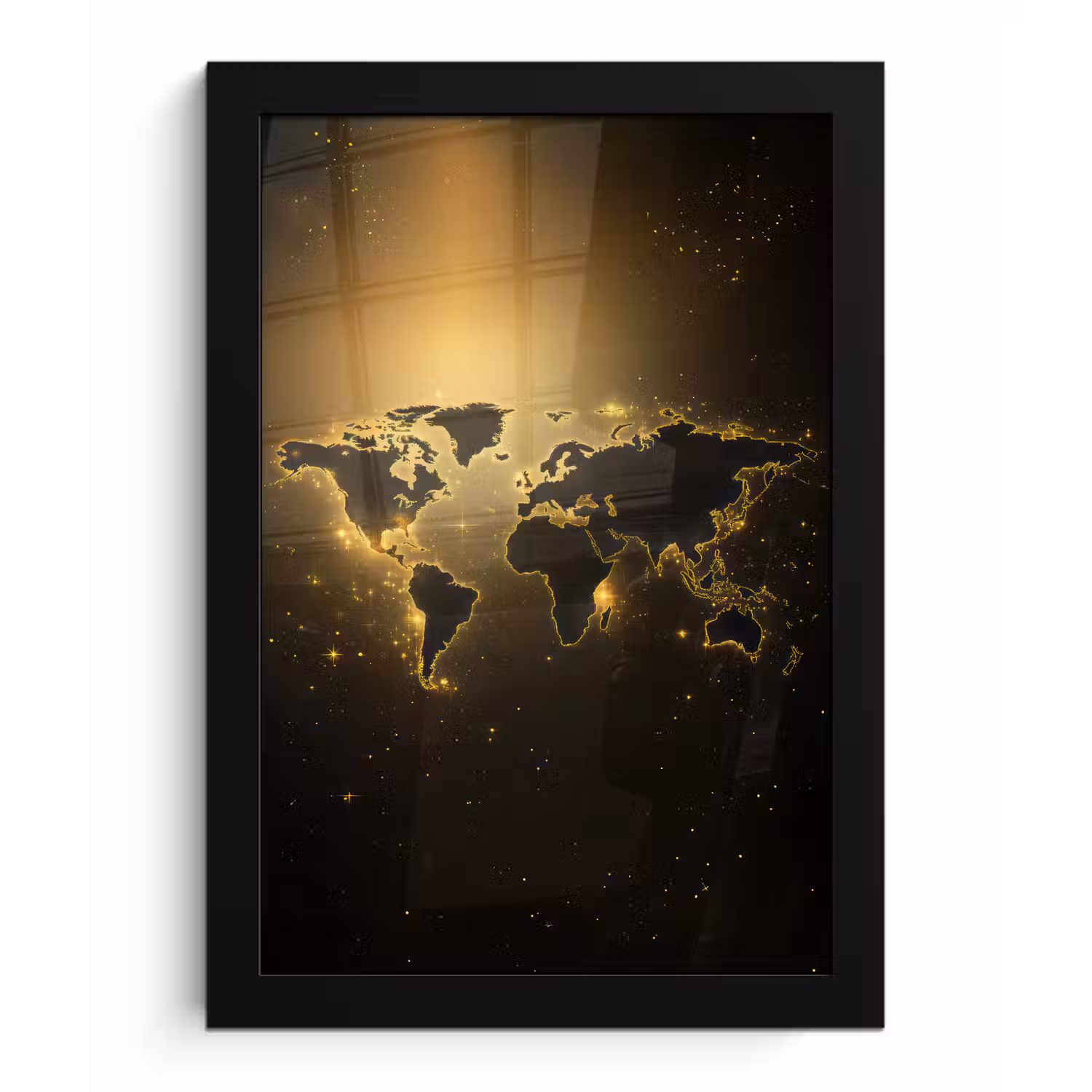 Wereldkaart - Gouden lichten fotolijst zwart zonder passe partout klein -3d