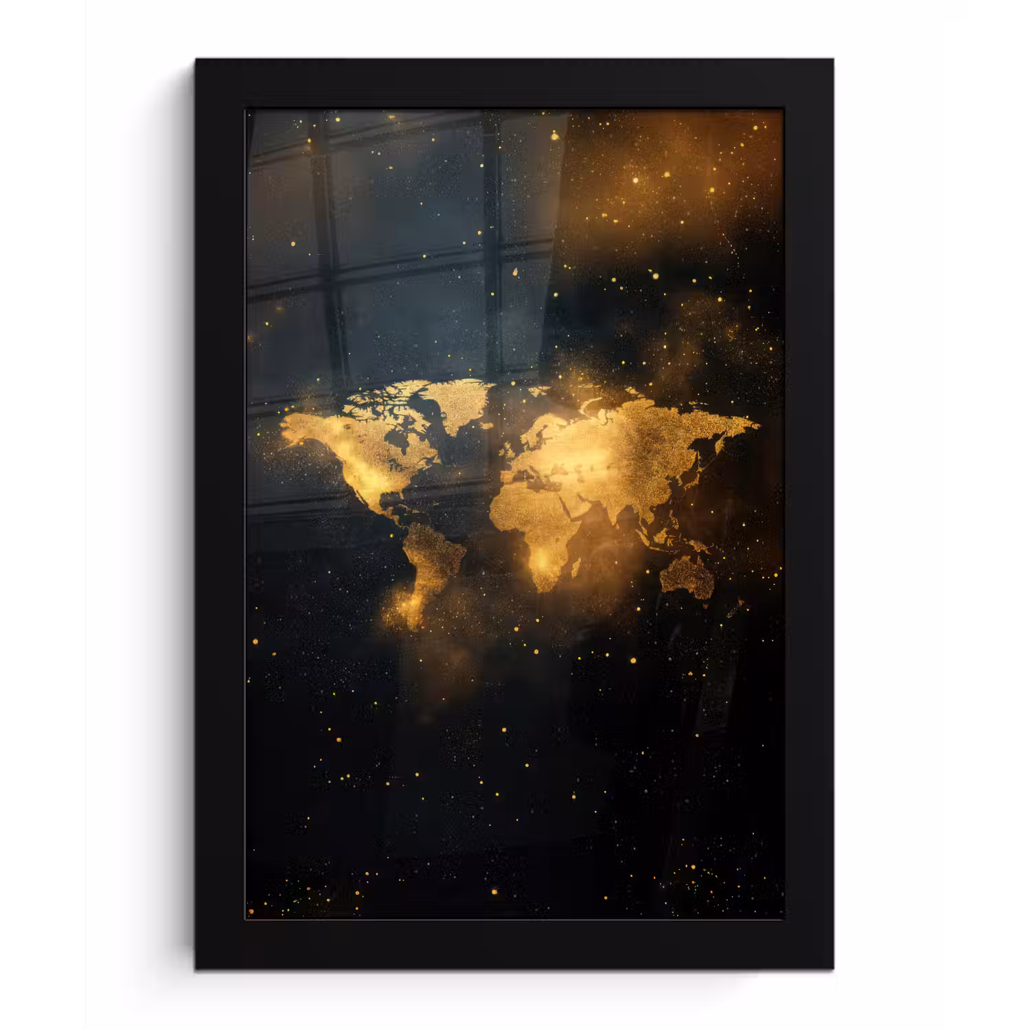 Wereldkaart - Gouden lichtpuntjes - Zwart fotolijst zwart zonder passe partout klein -3d